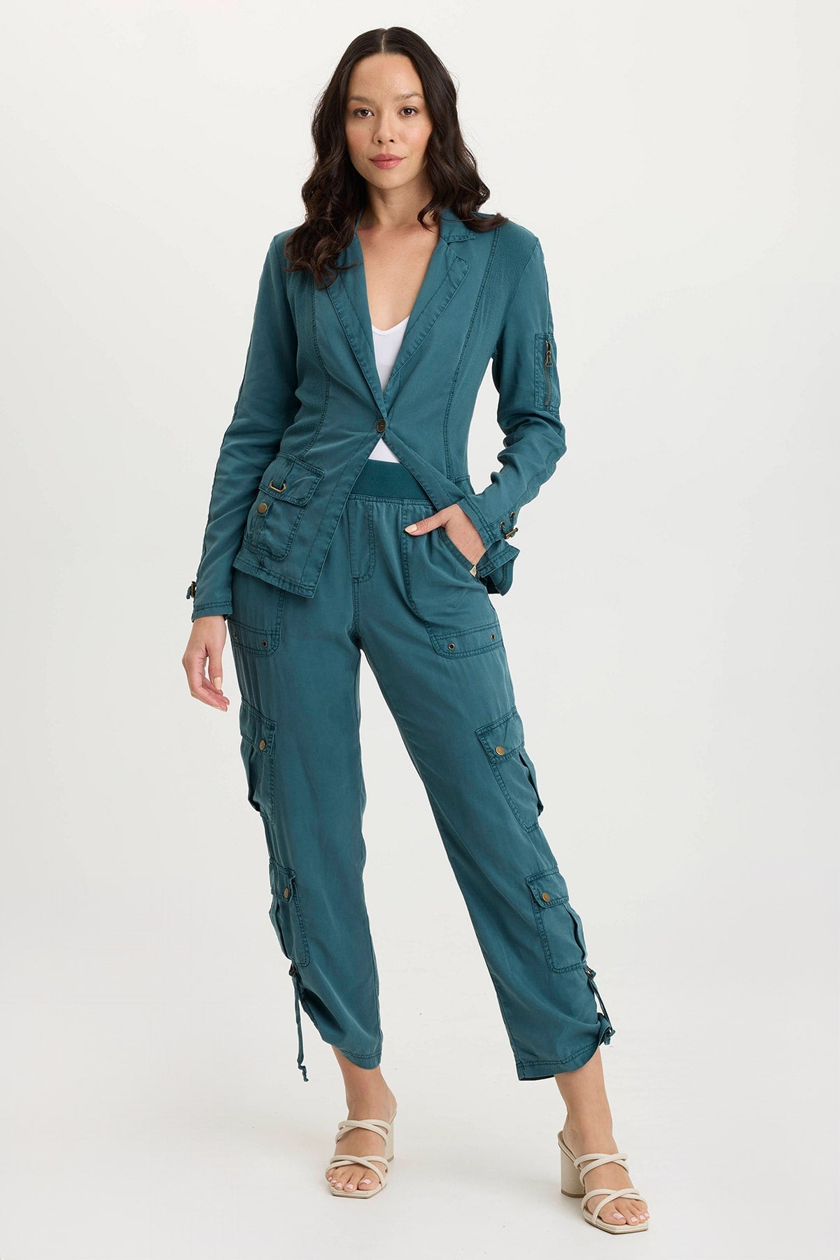 Stratford Twill & Jersey 3/4 Sleeve Blazer Jacket for Women - Office Wear, Business Casual, Spring & Fall Layering