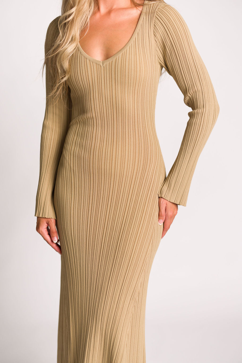 Keaton Knit Maxi Dress - V Neckline Beige Women's Long Dress | Perfect for Summer, Beach, Vacations & Casual Outings