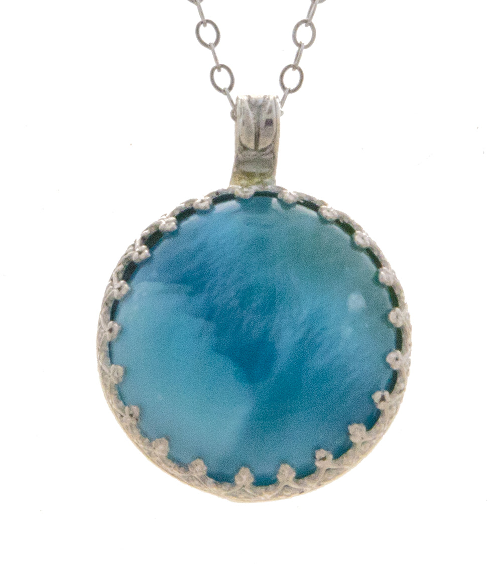 Galit Larimar Round Cabochon Necklace – Handmade Sterling Silver Pendant for Women | Perfect for Beach, Boho & Everyday Wear