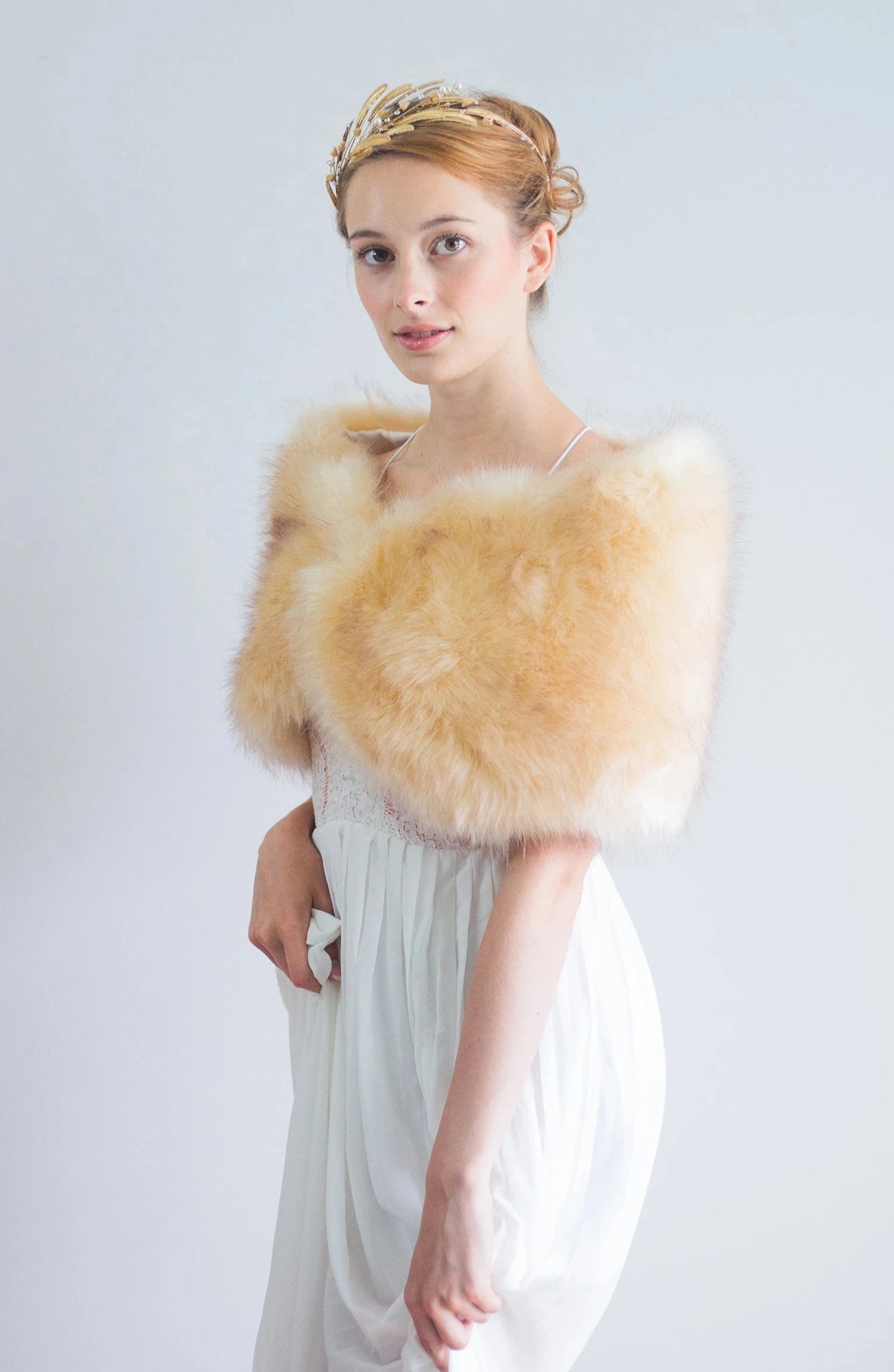 Luxury Champagne Fur Wrap Shawl - Elegant Faux Fur Stole for Women (Serena Cha03) | Perfect for Weddings, Parties, and Evening Events