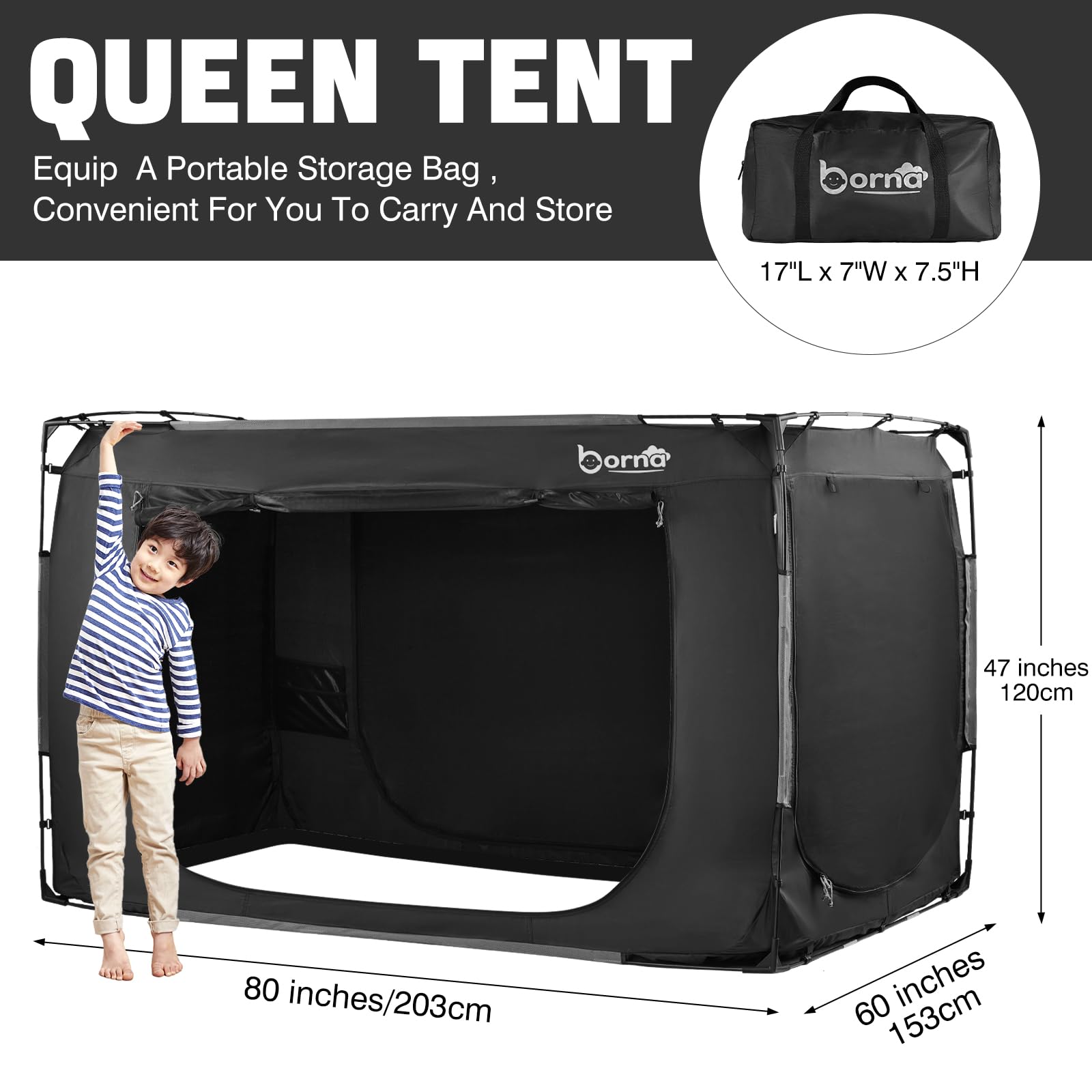 BORNA Queen Size Bed Tent Canopy for Adults & Kids - Portable Indoor Sleeping Tent with 3 Doors, Breathable Privacy Space - Perfect for Camping, Sleepovers & Privacy (Mattress Not Included)