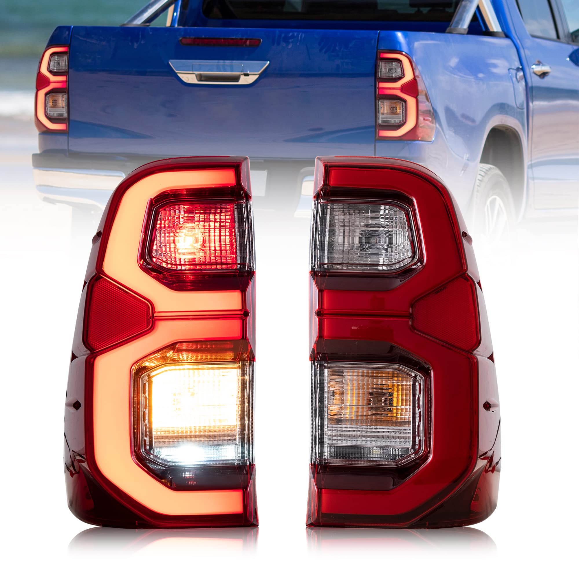 VLAND LED Tail Lights for Toyota Hilux 2015-2020 Revo Pickup Truck - Dynamic Animation Running Lights, Red Rear Lamp Assembly (Passenger & Driver Sides, LHD) - Perfect for Night Driving & Custom Car Upgrades