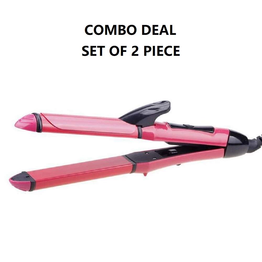 RD MALL 2 in 1 Hair Straightener & Curling Iron for Women - Ceramic Plates Hair Styler with Adjustable Temperature (Pink) | Perfect for Home Use, Travel & Salon Styling