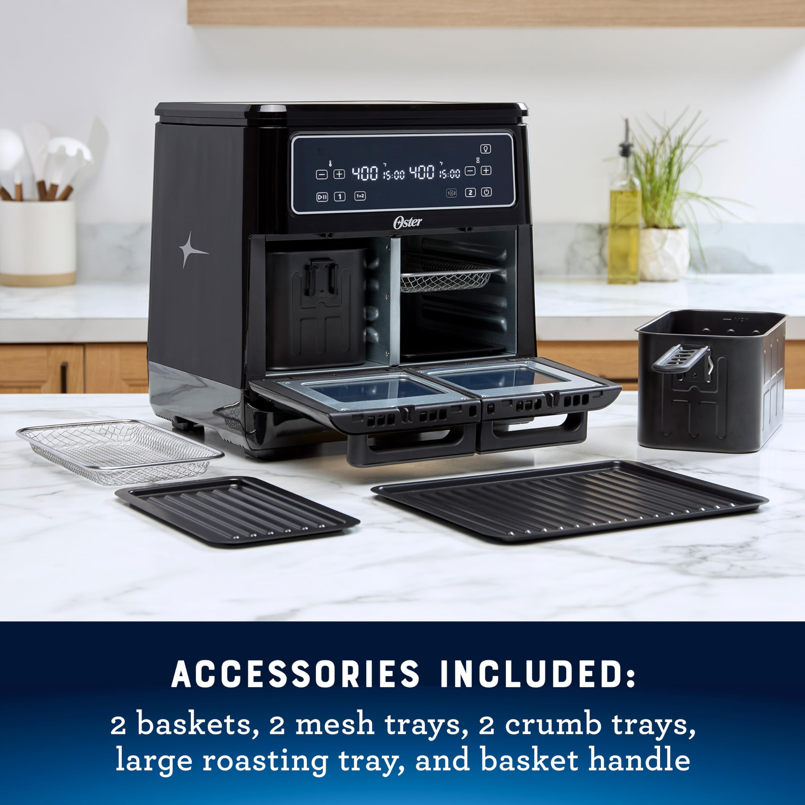 Oster 11-Quart Flex Air Fryer Oven - Dual Zone Air Fryer with 6 Cooking Functions & 2 Baskets - Large Capacity Countertop Air Fryer for Healthy Frying, Baking, Roasting - Perfect for Family Meals & Party Snacks