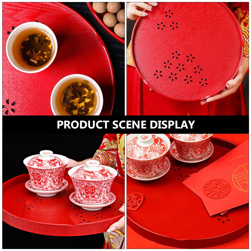 Amosfun Red Wooden Tea Tray Set - Traditional Chinese Wedding Serving Tray for Coffee, Tea & Home Decor - Perfect for Wedding Centerpieces, Bridal Showers & Home Decoration (Red)