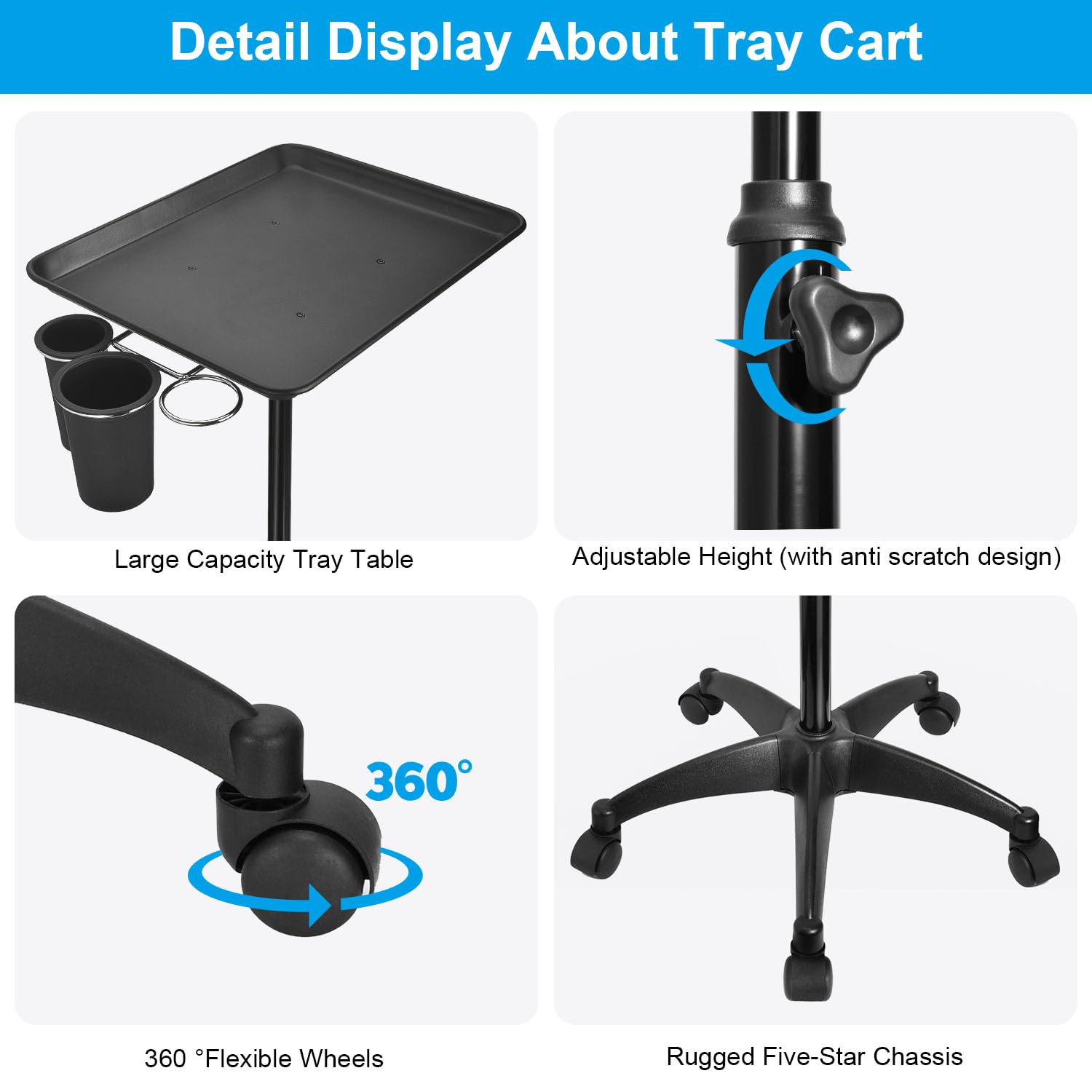 JOSTZHXIN Adjustable Salon Rolling Tray with Cup Holder - Professional Styling & Tattoo Service Cart for Beauty Salon, Spa & Clinic - Mobile Storage Trolley for Hair Tools, Tattoo Supplies & Beauty Products (Black) - Perfect for Salon Styling, Tattoo Procedures & Spa Treatments