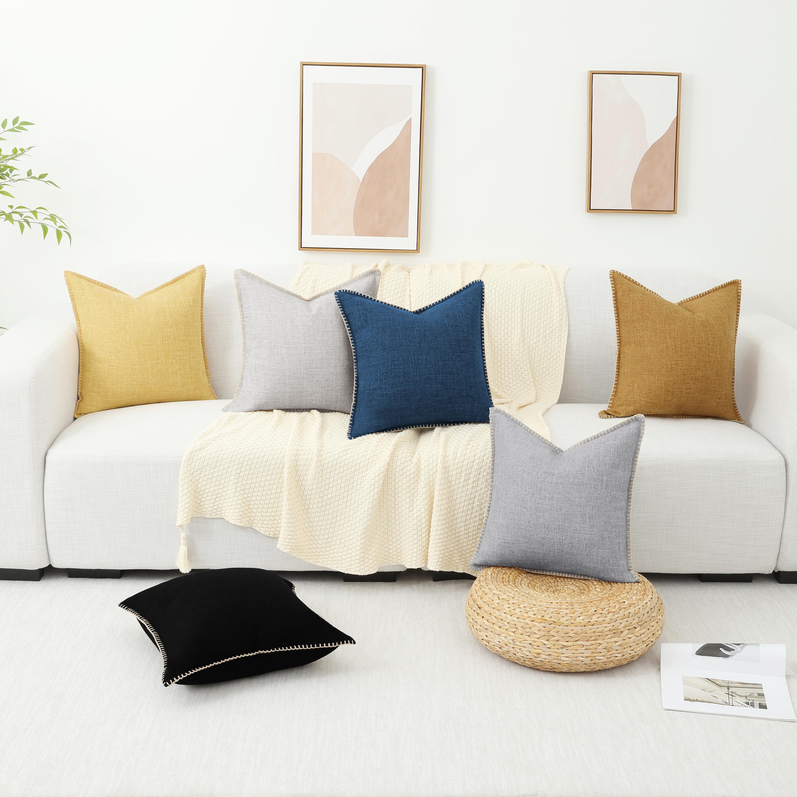 decorUhome Set of 2 20x20 Inch Square Linen Outdoor Throw Pillow Covers - Rustic Farmhouse Decorative Cushion Covers with Stitched Edge for Patio, Garden, Porch, Couch & Sofa - Light Grey Home Decor