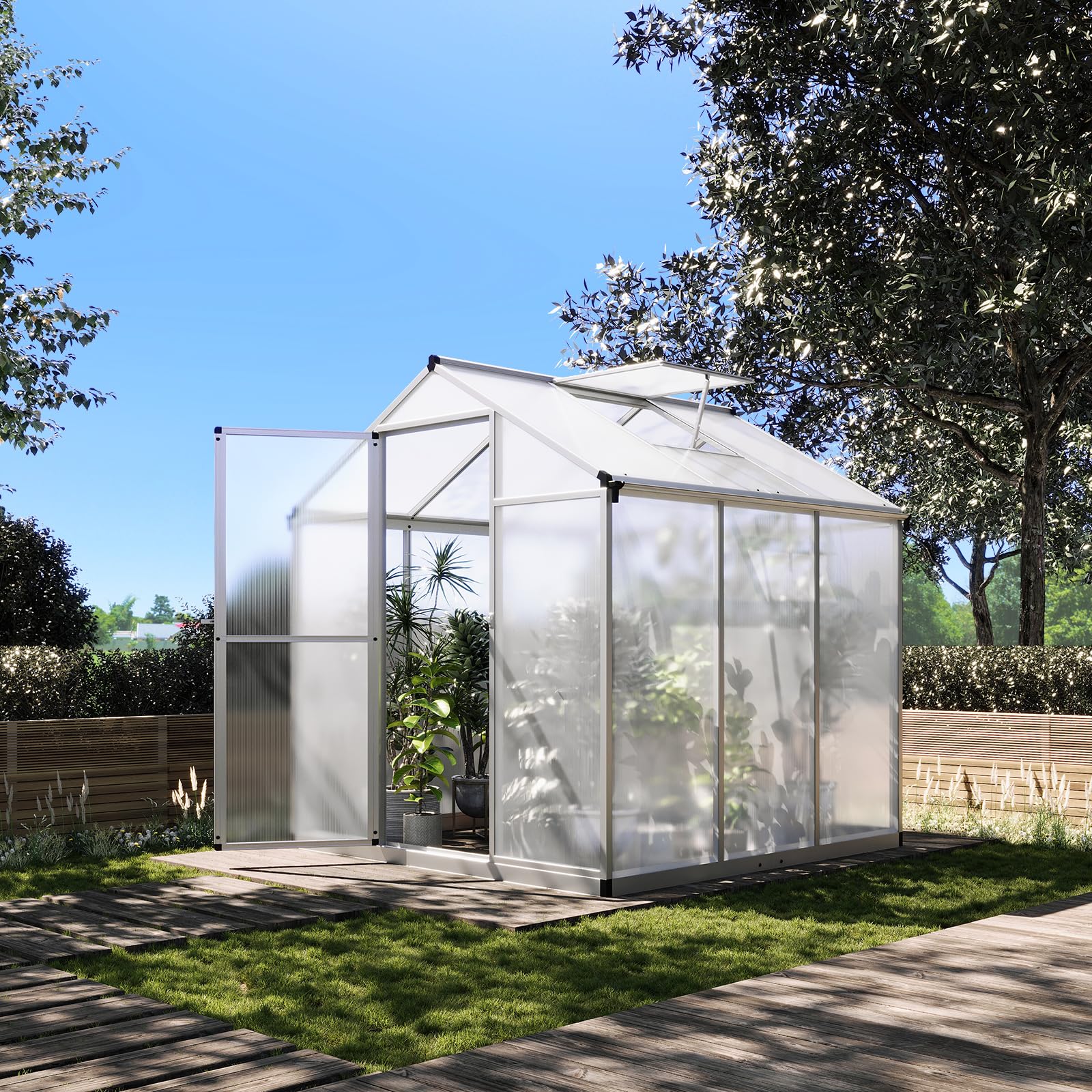 Garvee 6x6 FT Polycarbonate Greenhouse for Outdoors - Quick Setup Aluminum Walk-in Greenhouse with Roof Vent for Garden, Backyard & Patio - Durable Silver Structure for Year-Round Plant Growing & Gardening