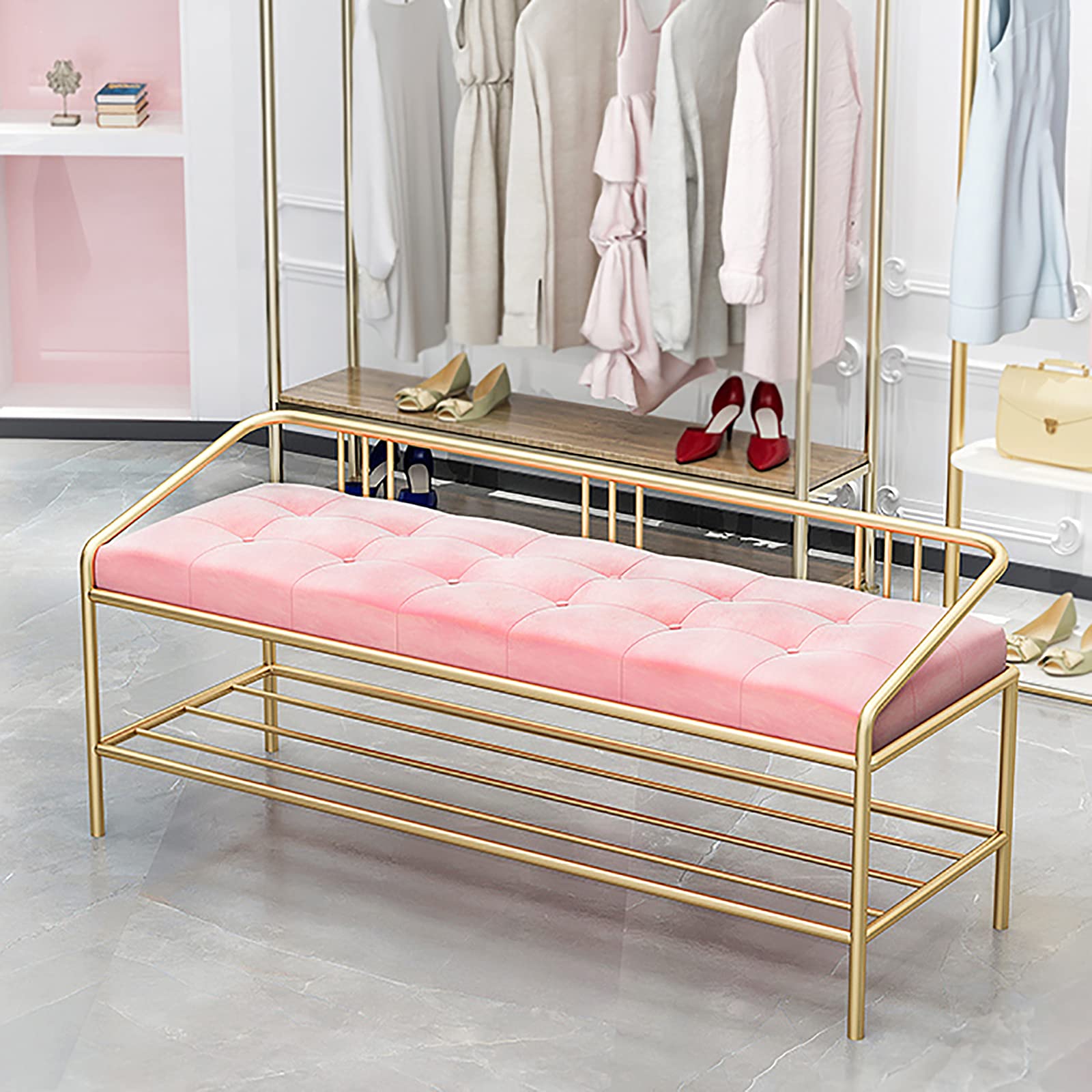 Luxury Entryway Shoe Bench with Storage - Modern Velvet Upholstered Shoe Rack Organizer - Pink Shoe Shelf Bench (60x35x45cm/24x14x18in) - Perfect for Hallway, Porch & Bedroom Organization
