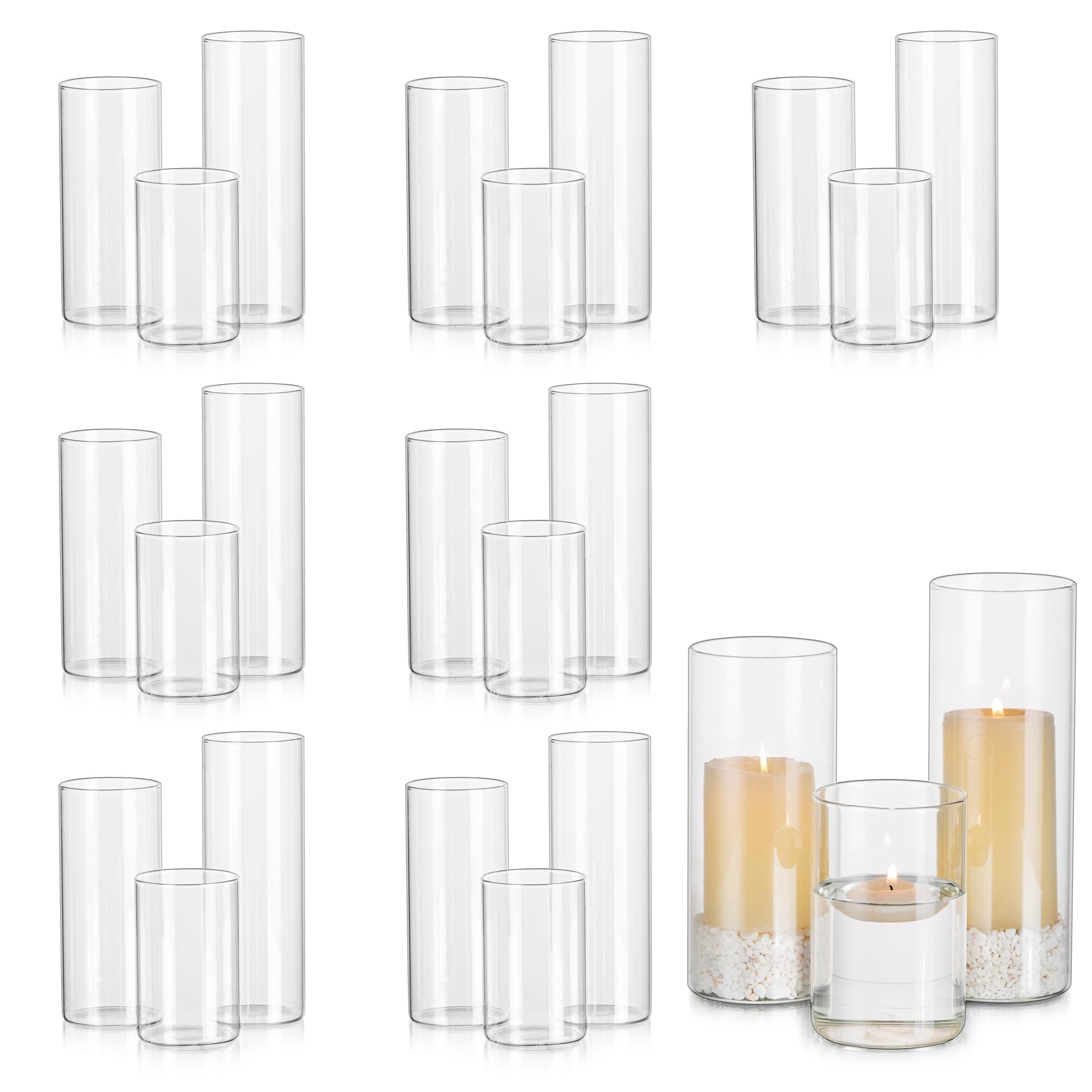 Glasseam Clear Hurricane Pillar Candle Holders Bulk 24-Pack - Glass Cylinder Candle Vases for Floating Candles, Wedding Centerpieces, Dining Table & Home Decor - Perfect for Romantic Dinners, Wedding Receptions and Holiday Decorations