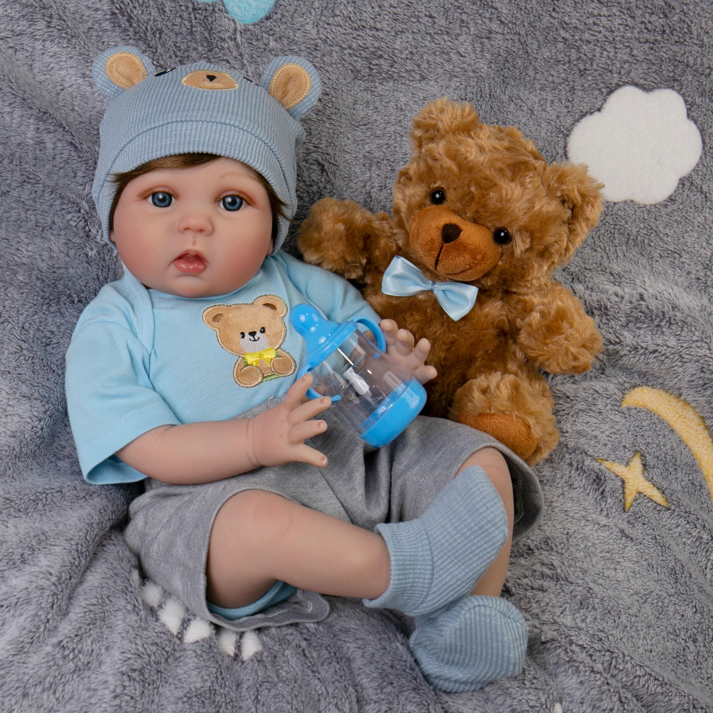 EKOKIZ 22-Inch Realistic Reborn Baby Doll - Lifelike Soft Cloth Body Newborn Baby Doll with Outfits & Accessories | Perfect Gift for Kids 3+ | Great for Role Play, Nursery Decor & Sensory Play