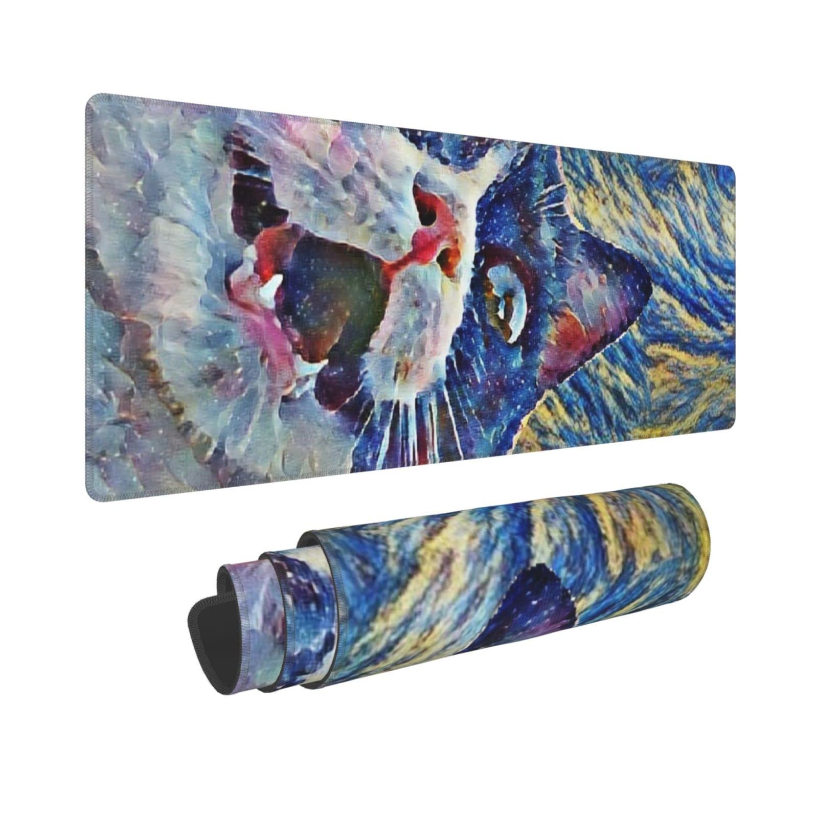 Van Gogh Starry Night Cat Large Mouse Pad - Non-Slip Rubber Keyboard Mat, Waterproof Desk Pad for Gaming & Office Work