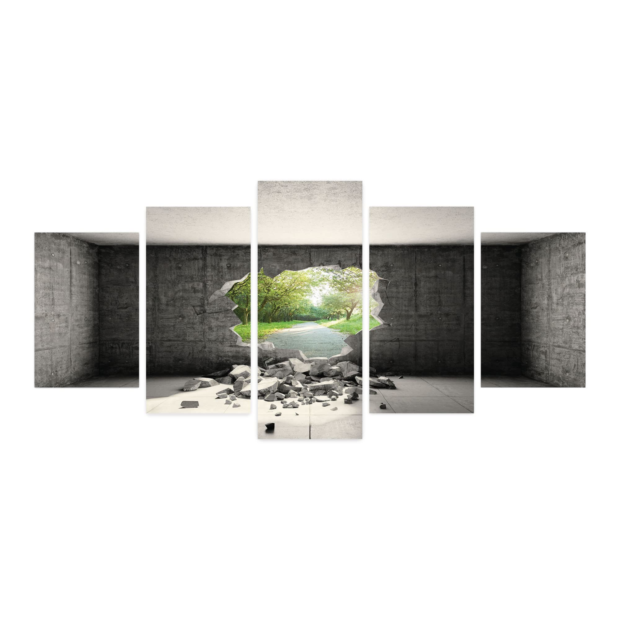 Ambesonne Grey 5-Panel Acrylic Glass Wall Art - Concrete Room Escape Theme with Hole in Wall, 60x30 Inches, Grey Green - Modern Abstract Decor for Living Room, Bedroom & Dorm | Perfect for Urban Loft, Office & Meditation Space