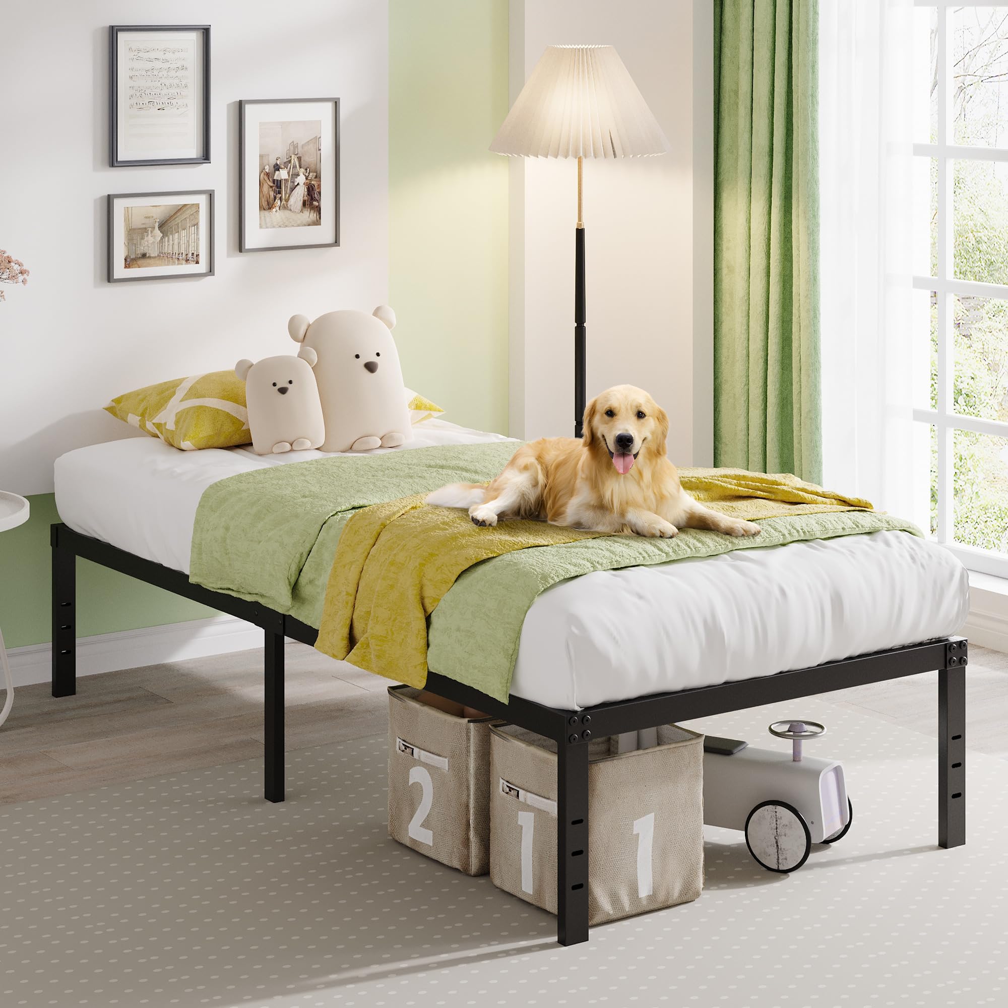 EMODA 18 Inch Twin Bed Frame - Heavy Duty Metal Platform Bed with Large Storage Space, No Box Spring Needed, Noise Free & Easy Assembly, Black - Perfect for Kids Rooms, Guest Beds & Small Apartments