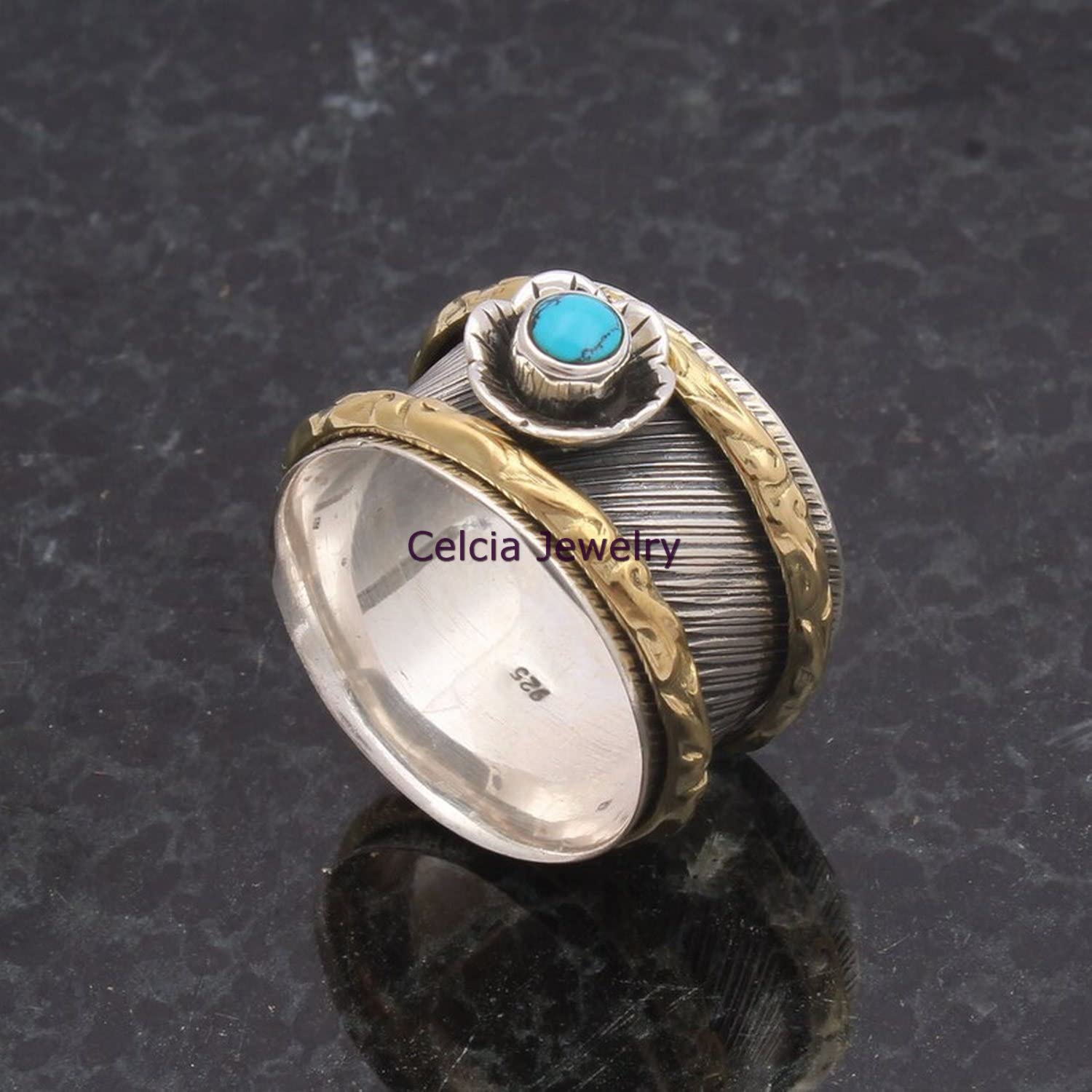 Genuine Turquoise Cabochon Round Gemstone Spinner Ring – Meditation Spinning Ring for Stress Relief, Antique Two-Tone Unique December Birthstone Jewelry, Metaphysical Healing Gifts for Women & Men (US Size 7) – Perfect for Yoga, Mindfulness & Spiritual Practices