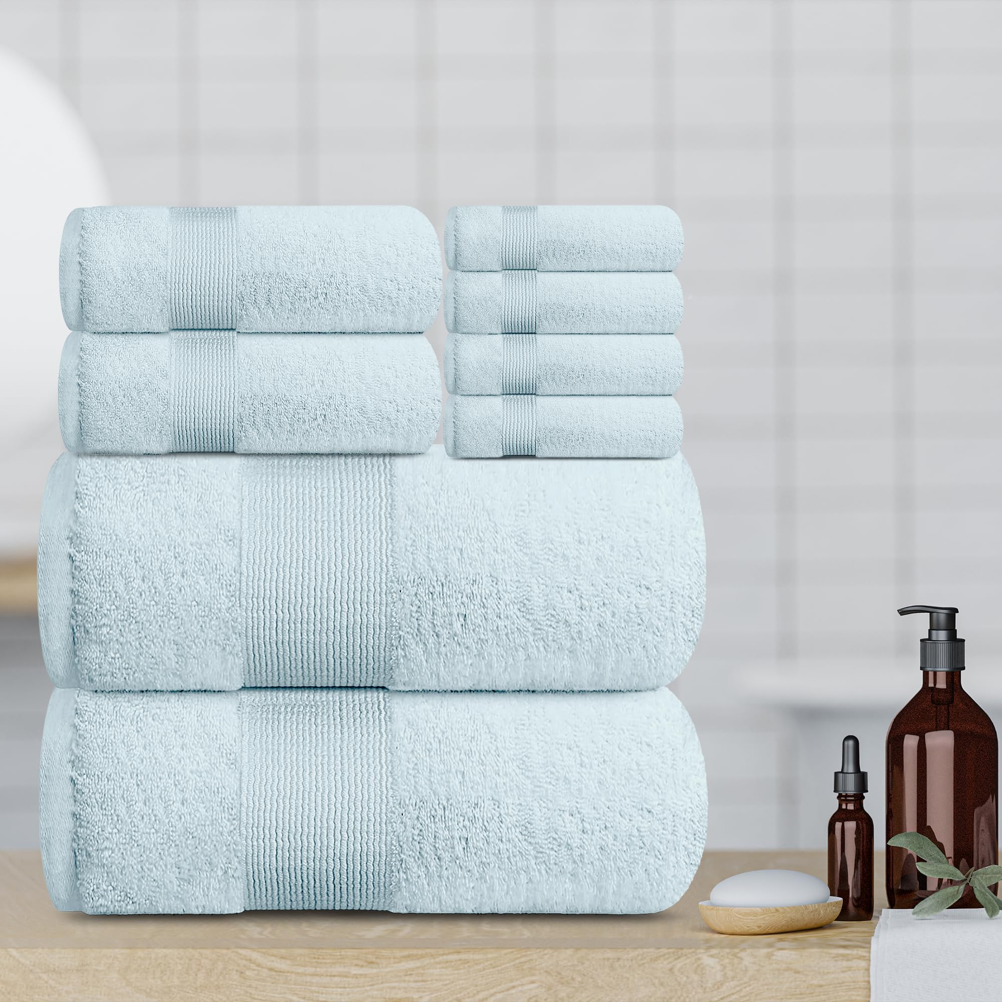 Premium 8-Piece White Classic Resort Bath Towel Set - Ultra Soft, Plush & Absorbent Cotton Towels (2 Bath, 2 Hand, 4 Washcloths) | Luxury Hotel Quality for Spa, Bathroom & Beach Use - Light Blue