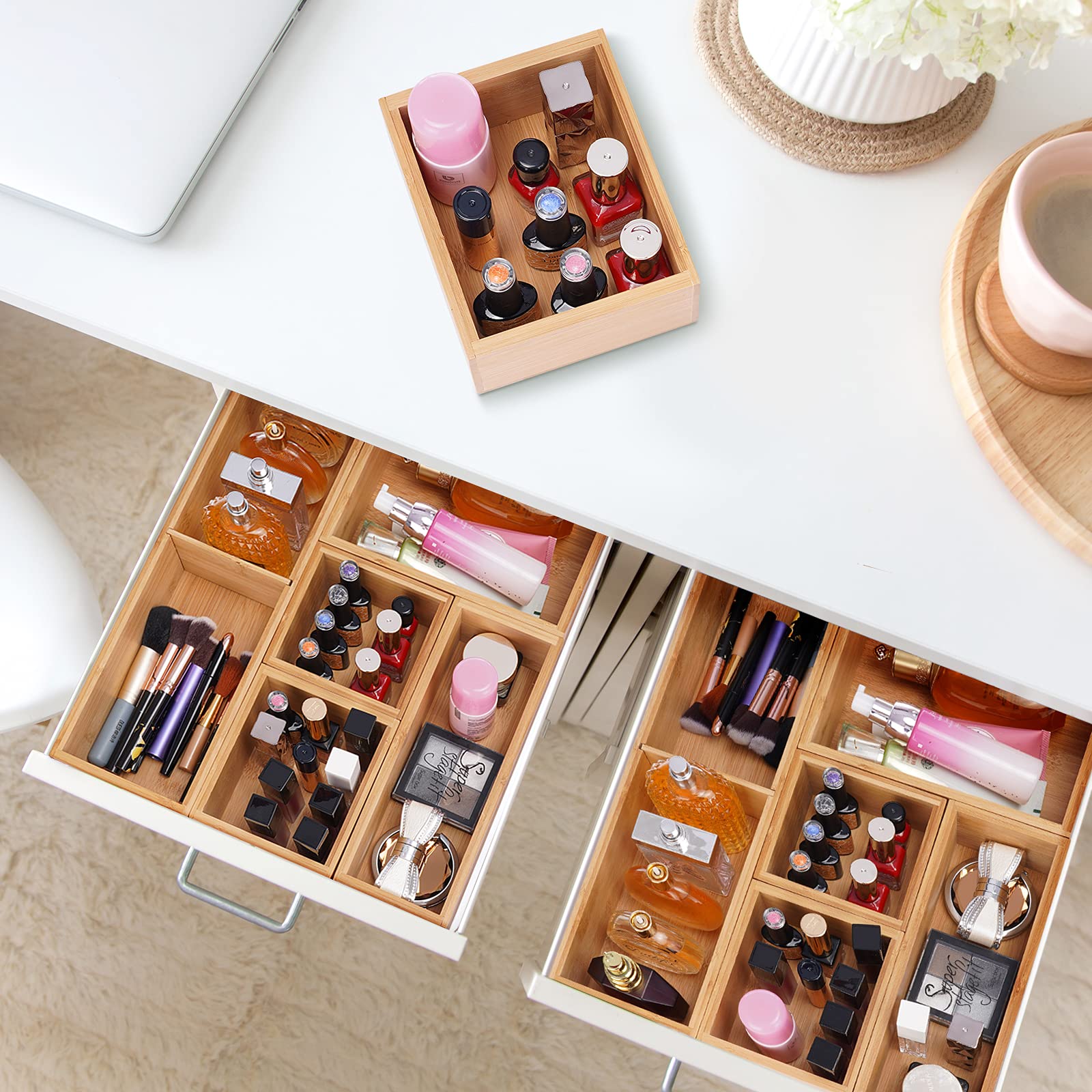 Fabsome 5-Piece Bamboo Drawer Organizer Set - Storage Containers for Makeup, Kitchen Utensils & Office Supplies | Perfect for Vanity, Dresser, Pantry & Garage Organization