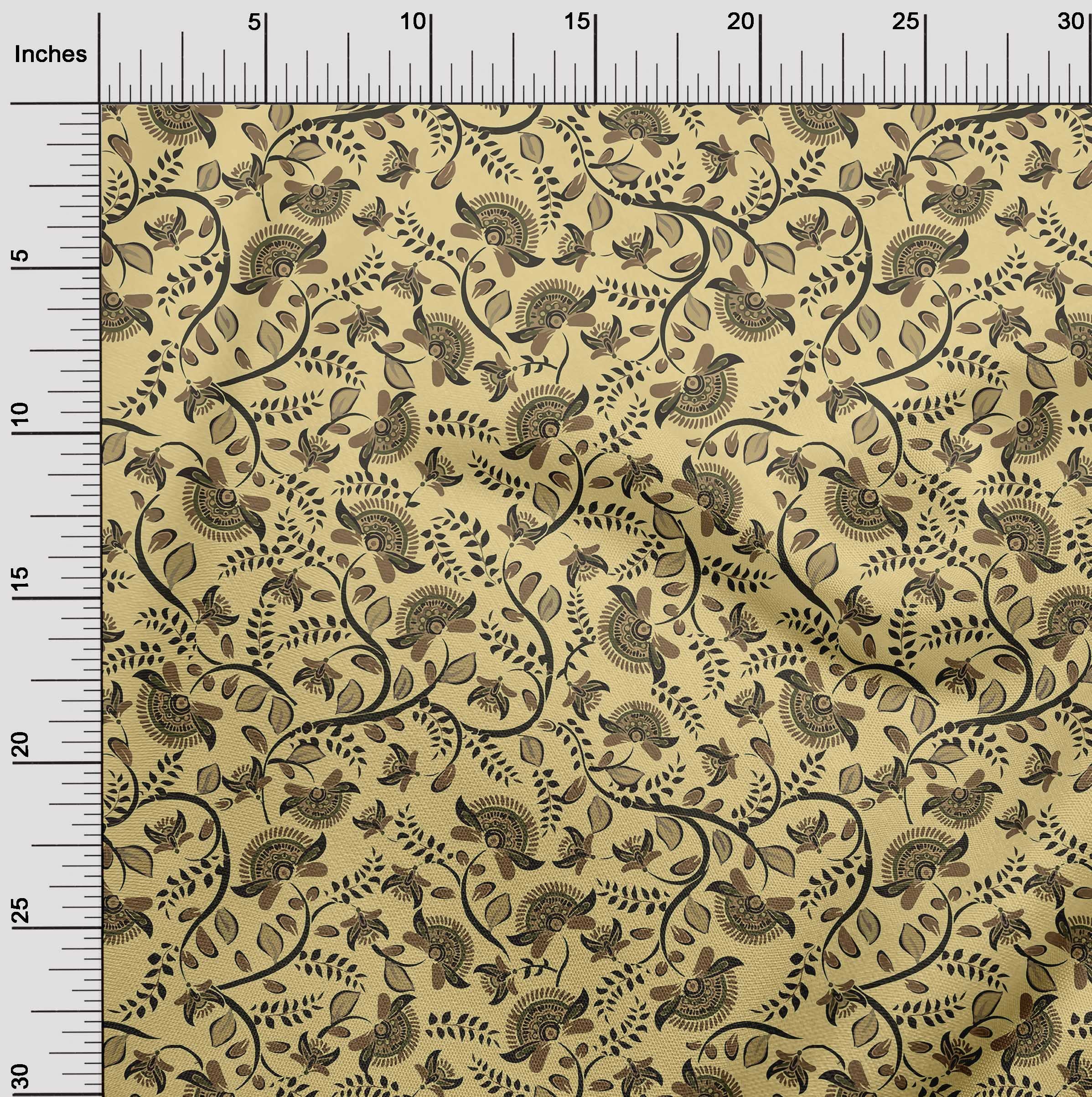 oneOone 56 Inch Wide Polyester Spandex Yellow Kalamkari Printed Fabric - Soft Stretch Craft Material for Sewing, Quilting & DIY Projects (629) | Perfect for Home Decor, Clothing & Accessories