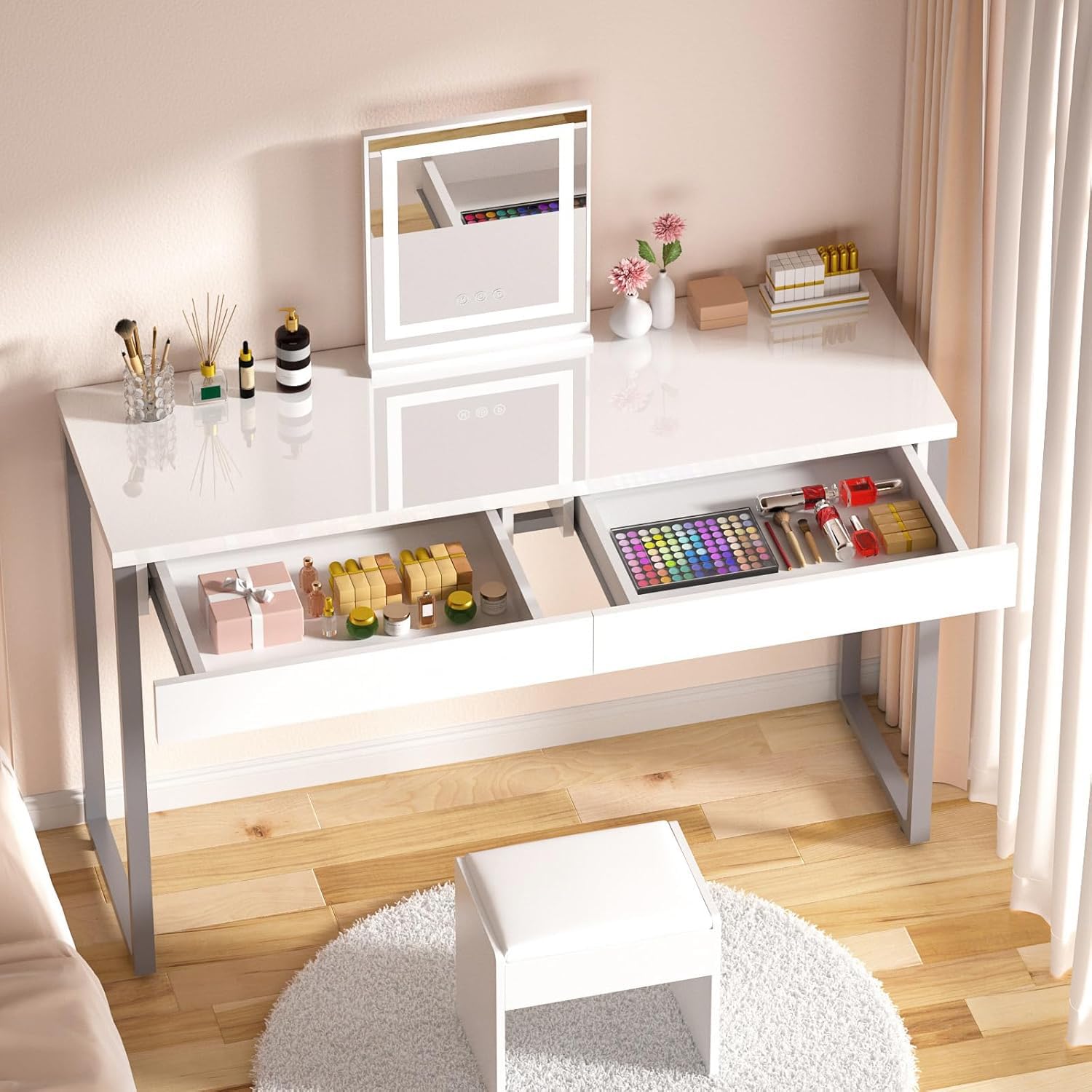 GreenForest Vanity Desk with 2 Drawers - 39 Inch Glossy White Makeup Table with Storage Space for Bedroom, Home Office & Dressing Area - Perfect for Cosmetics Organization and Workspace Setup