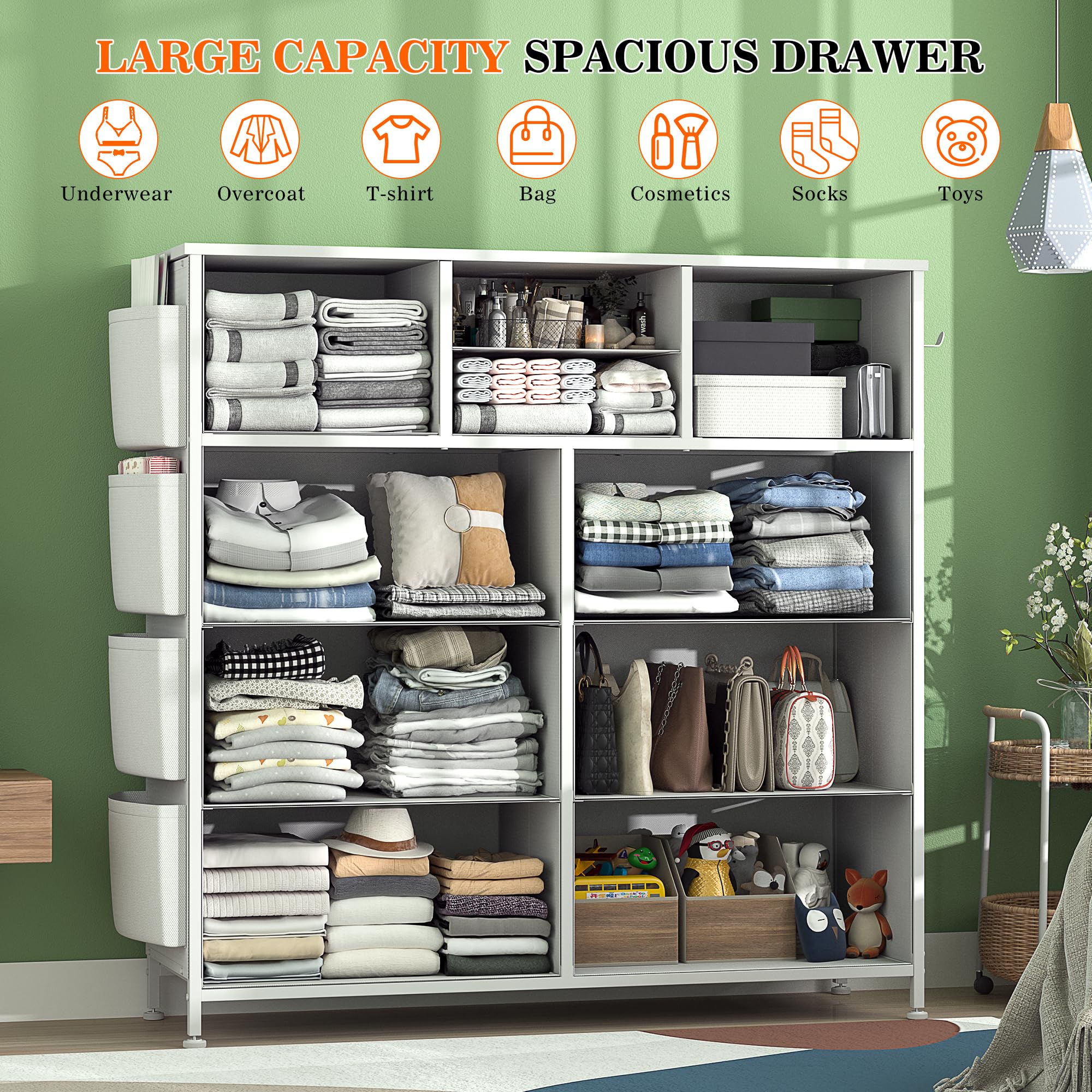 Lulive 10-Drawer White Dresser for Bedroom - PU Storage Chest with Side Pockets & Hooks, Organizer Unit for Living Room, Hallway & Closet - Perfect for Small Space Organization & Home Decor (White)