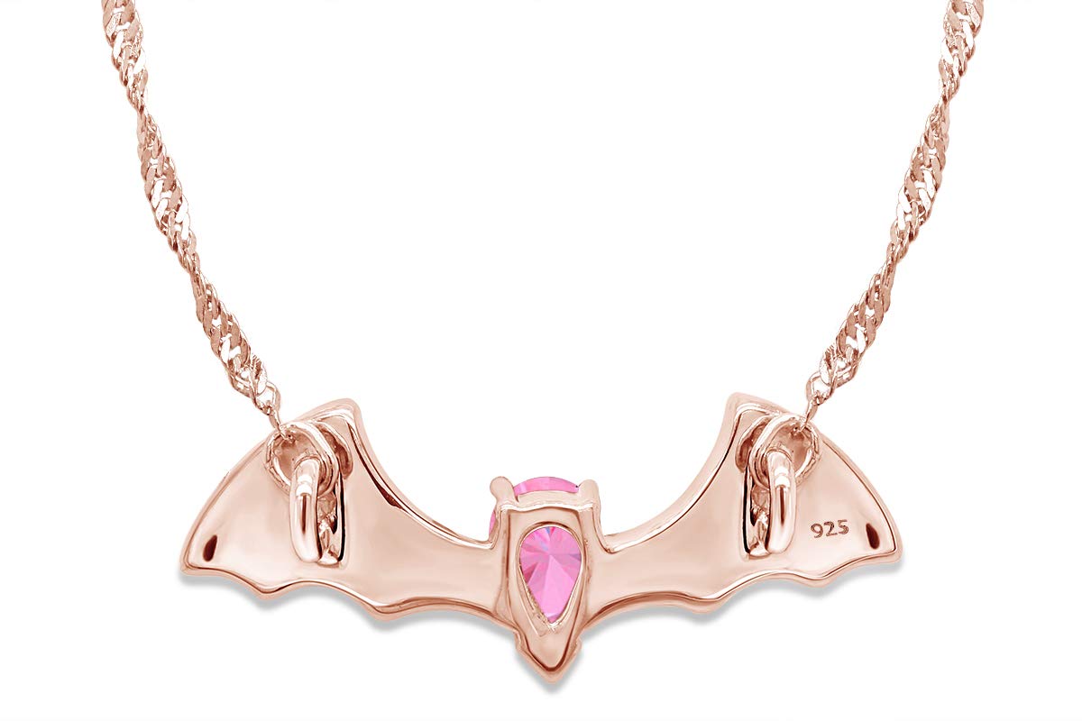 925 Sterling Silver Pear Shape Simulated CZ Flying Bat Pendant Necklace - Elegant Gothic Jewelry for Halloween, Cosplay & Vampire Themed Parties