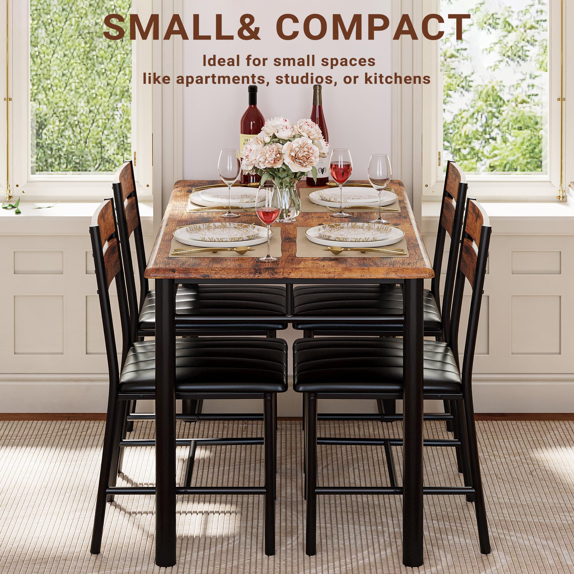 IRONCK 4-Piece Wooden Dining Table Set with Upholstered Chairs - Compact Kitchen & Dining Room Table for Small Spaces in Rustic Brown | Perfect for Apartments, Breakfast Nooks & Cozy Family Meals