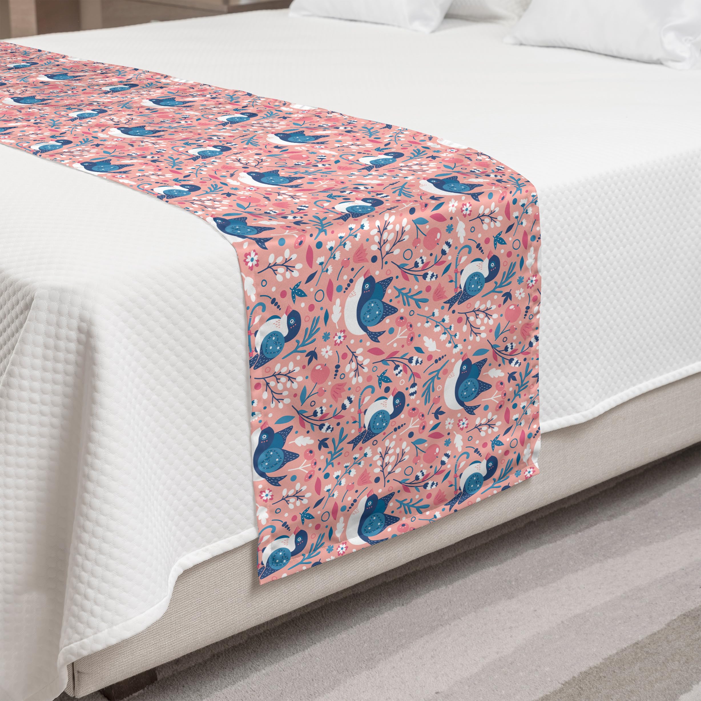 Ambesonne Floral Botanical Bed Runner - Spring Garden Design with Flowers & Swallow Bird Branches - Decorative Bed Scarf for Queen King Beds - Coral Pink Home Decor for Bedroom, Hotel & Guest Room - Perfect for Spring Decor & Wedding Accents