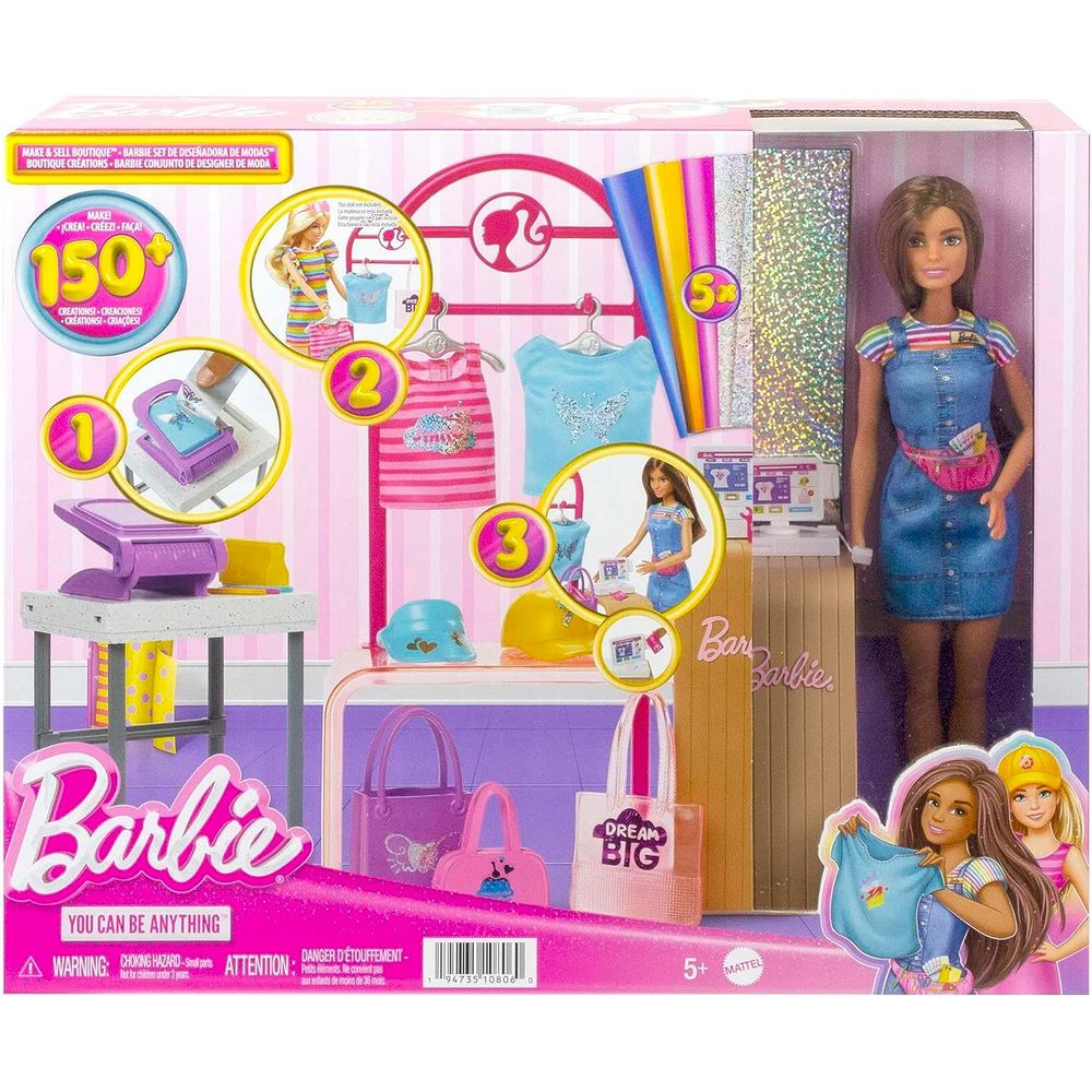 Barbie HKT78 Fashion Doll Boutique Playset with Display Rack & Accessories - DIY Foil Design Kit for Girls - Perfect for Pretend Play, Dress Up & Creative Fun at Home