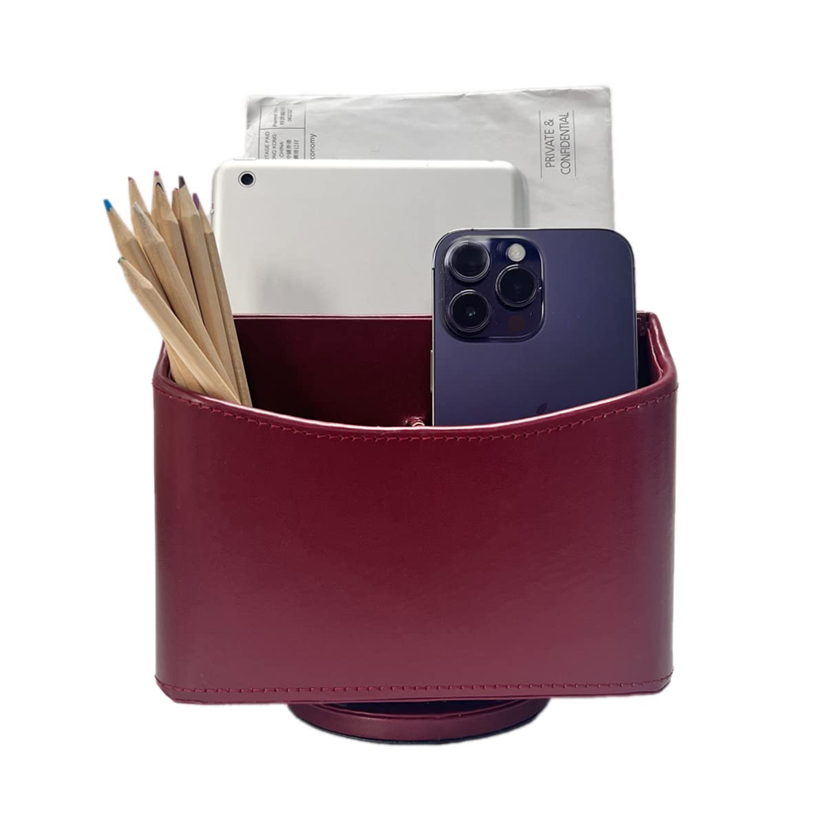 360° Rotating Desk Organizer - Spinning Caddy for TV Guide, Mail, Media & Remote Control Storage - Burgundy Desktop Organizer for Office, Living Room & Home Organization