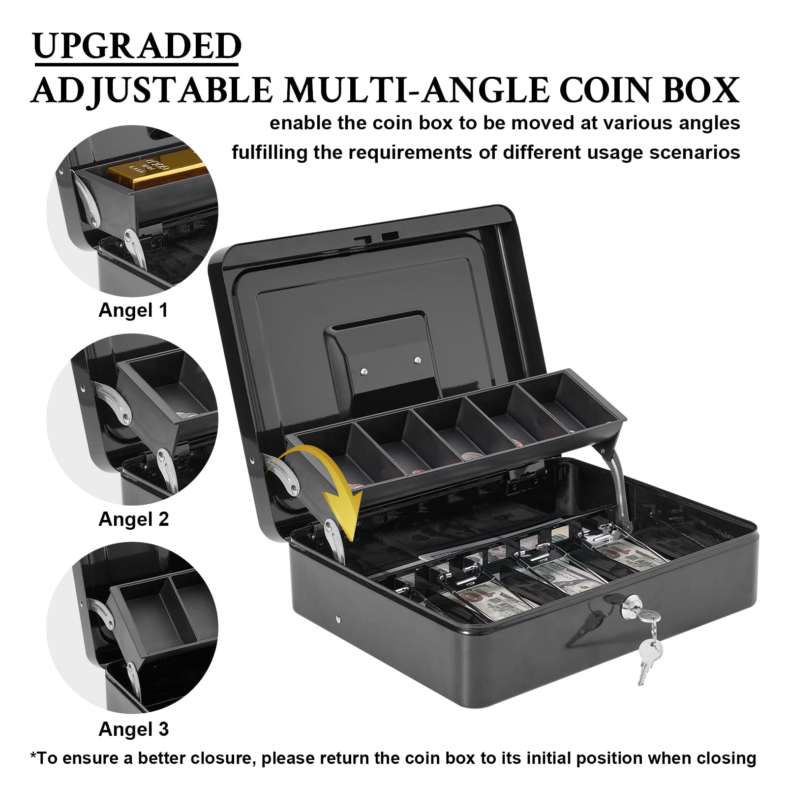 Secure Metal Cash Box with Lock & 2 Keys - Large Portable Money Safe with Cash Tray, 4 Bill/5 Coin Slots (11.8
