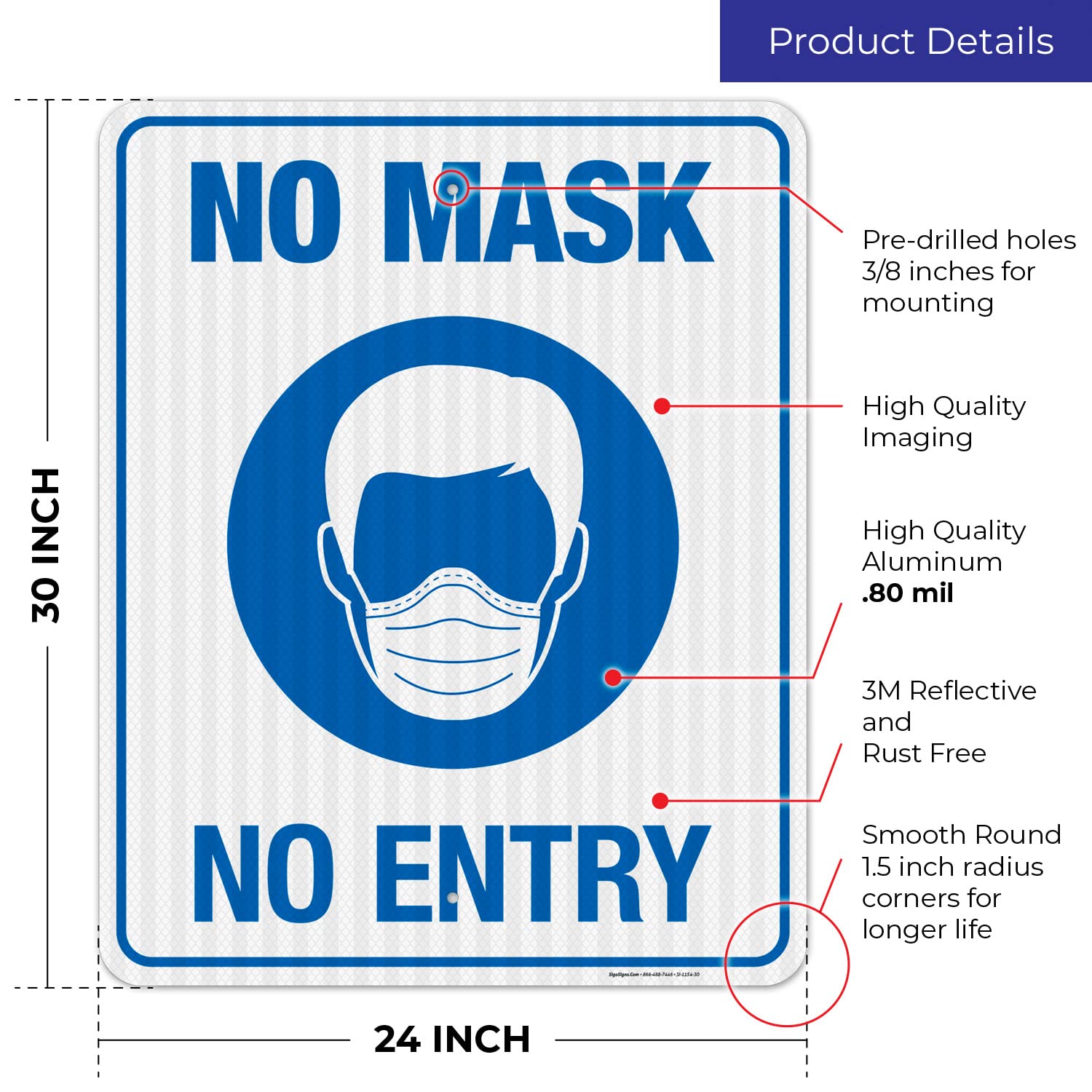 3M EGP Reflective .080 Aluminum 'Mask Required - No Mask No Entry' Sign 24x30 Inches | Fade Resistant, Easy Mounting | Indoor/Outdoor Safety Signage for Businesses, Hospitals & Public Spaces | Made in USA