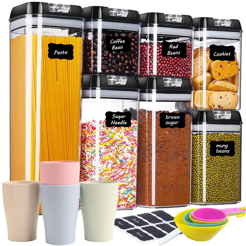 7-Piece Airtight Food Storage Containers Set - BPA-Free Plastic Cereal Containers with Easy-Lock Lids & Accessories (Label Marker & Measuring Cup) for Kitchen Pantry Organization - Perfect for Dry Food, Snacks, Flour, Rice & Meal Prep Storage