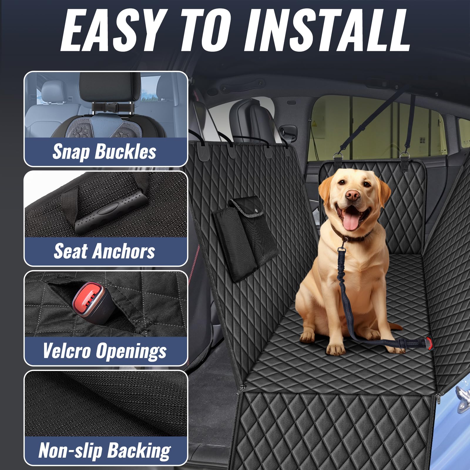 Waterproof Dog Car Seat Cover for Backseat - Pet Travel Essentials with Seatbelt Harness, Hammock Barrier for Medium to Large Dogs - Fits SUV, Truck & Car (Black) - Perfect for Road Trips & Daily Commutes