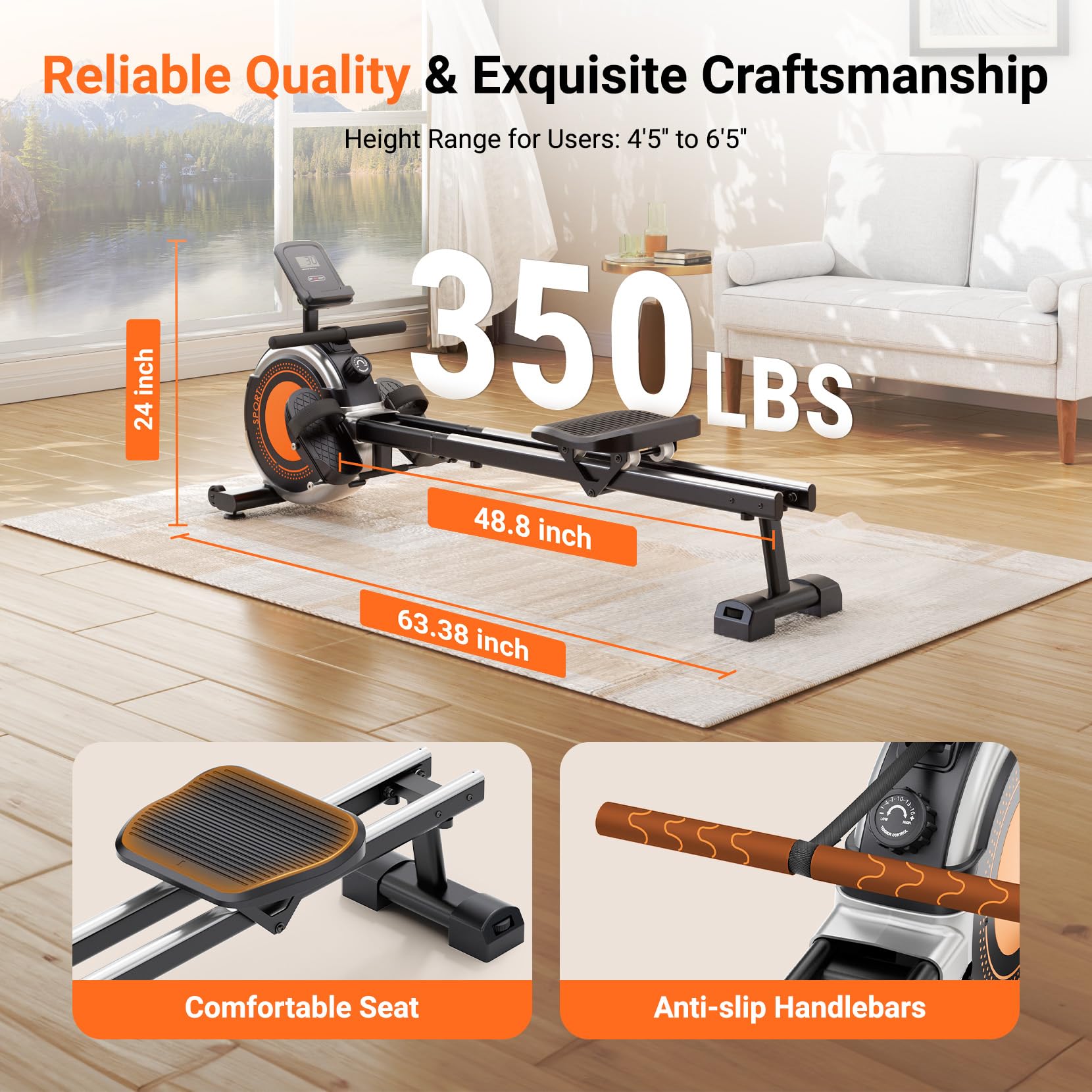 Dripex Magnetic Rowing Machine for Home Gym - 350 LBS Weight Capacity, 16-Level Resistance, Dual Slide Rail, Bluetooth Connectivity & LCD Monitor - Perfect for Full-Body Workouts, Cardio Training & Home Fitness
