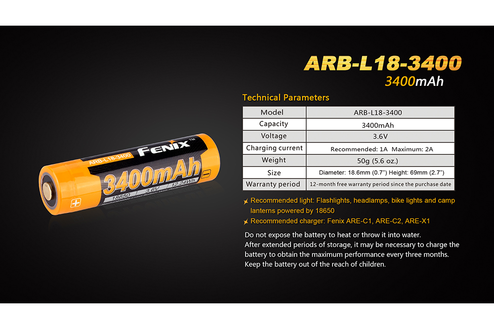 Fenix ARB L18 3400mAh Rechargeable 18650 Battery - High Capacity Lithium Ion Battery for Flashlights, Headlamps & Outdoor Gear - Perfect for Camping, Hiking & Emergency Preparedness