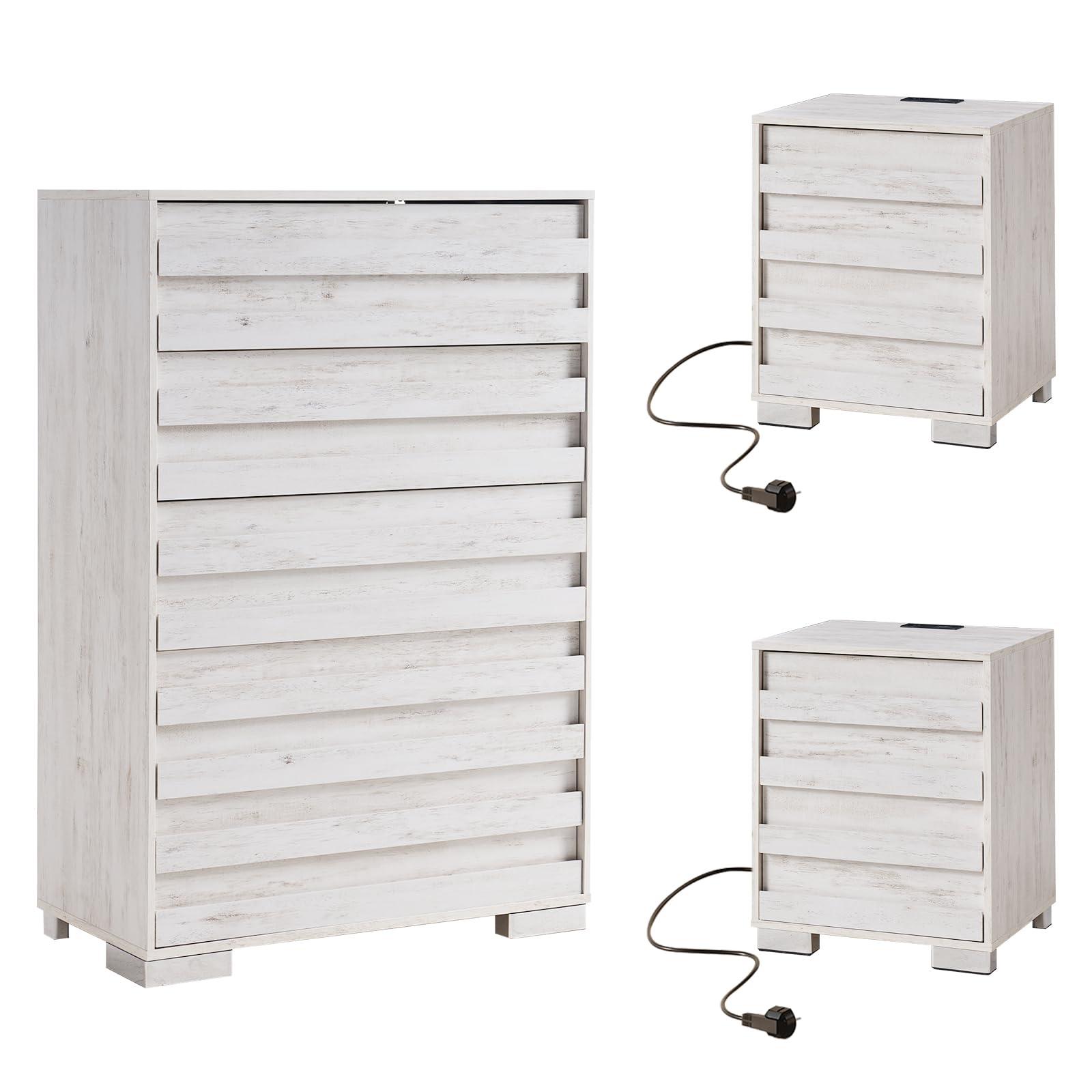 3 Piece Farmhouse Bedroom Furniture Set - 5 Drawer Dresser & 2 Nightstands with USB Charging Station, Slatted Handles & Stainless Steel Feet, Distressed White Finish for Master Bedroom or Guest Room Decor