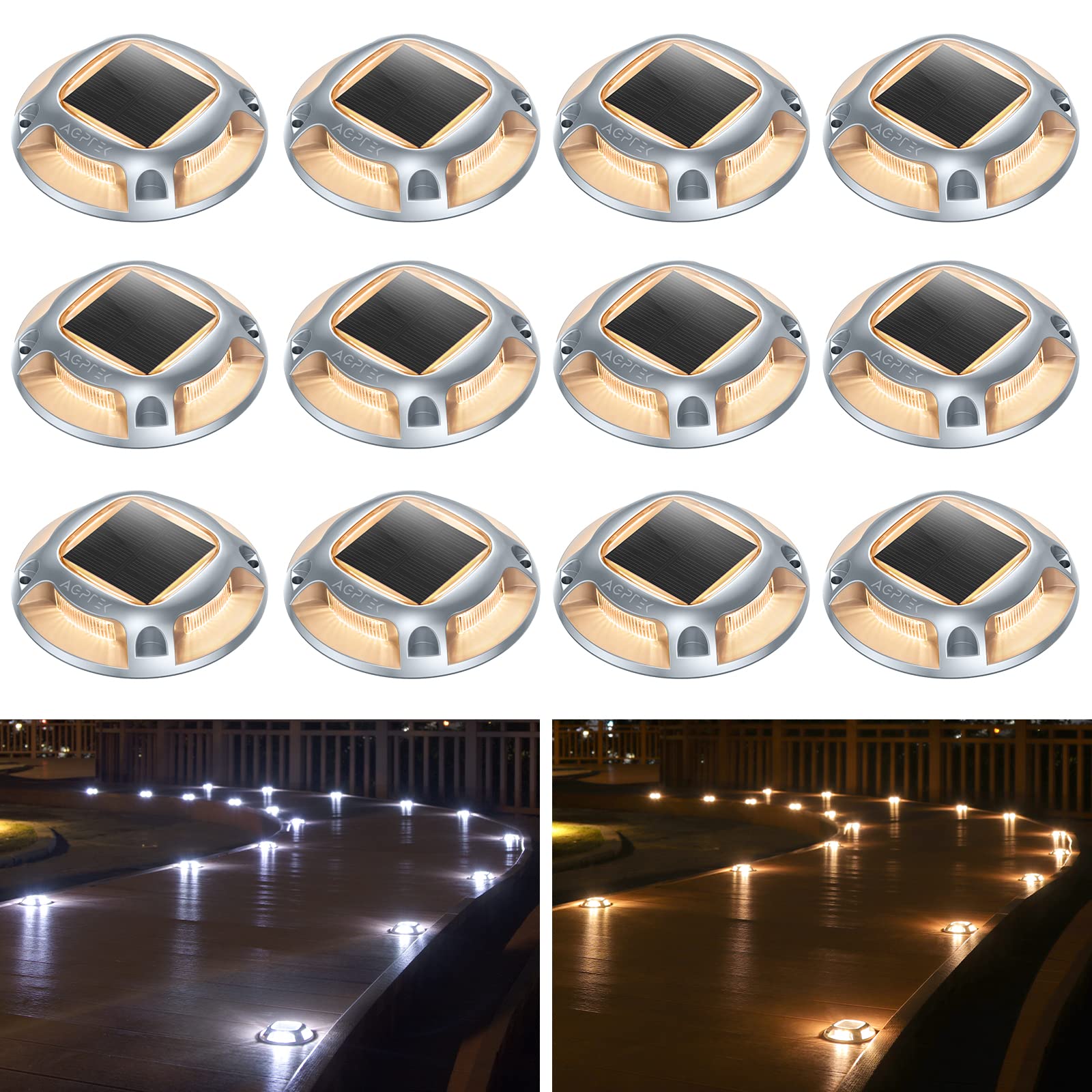 AGPTEK 12 Pack Solar Driveway Lights Outdoor - Waterproof LED Deck Dock Marine Marker Lights with Warm White & Cool White Modes for Steps, Sidewalk, Stair, Garden Pathway, Walkway & Yard - Perfect for Nighttime Safety & Landscape Lighting