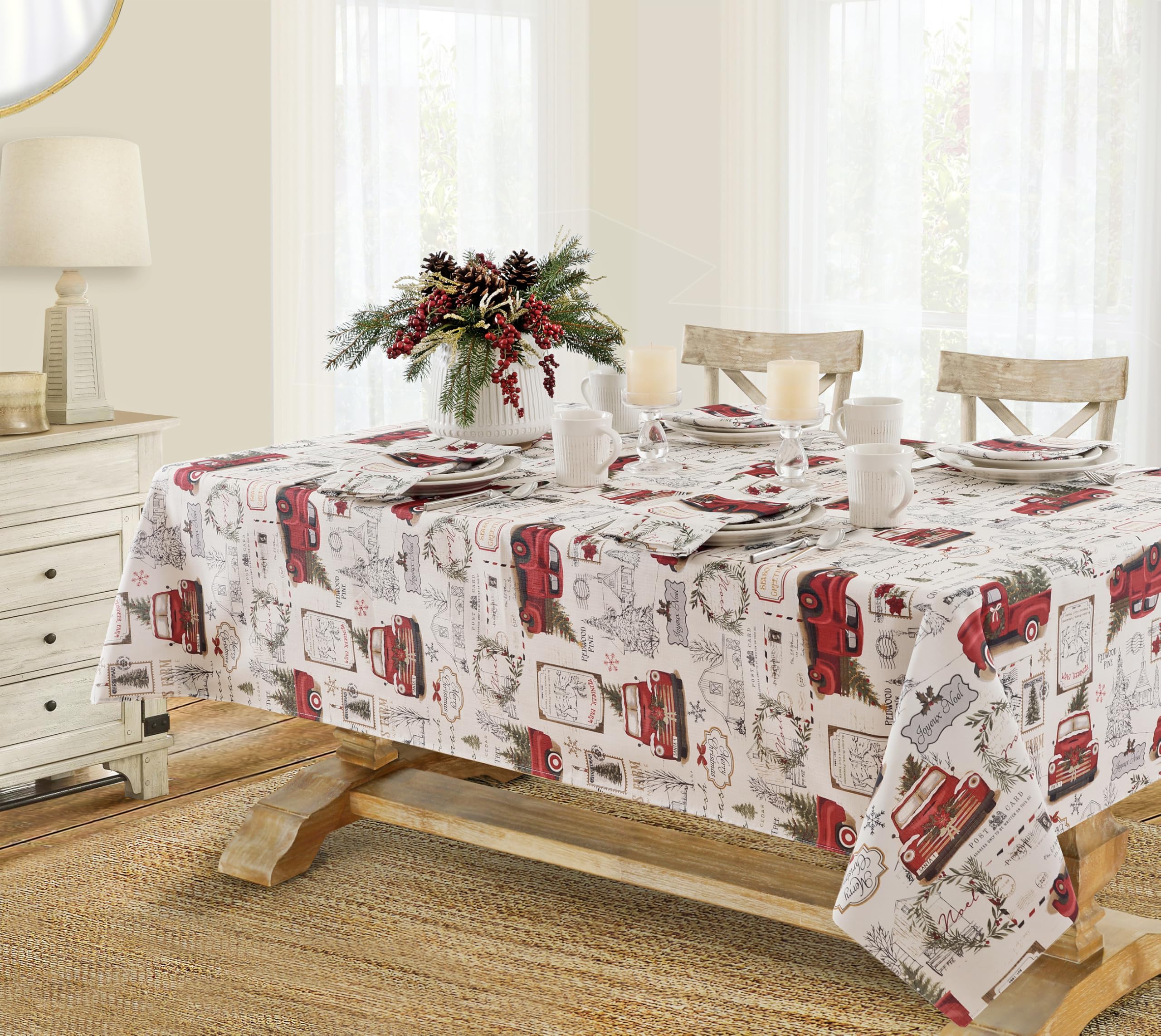 Newbridge Pine Hill Christmas Tree Farm Fabric Holiday Placemats - Set of 4 Nostalgic Retro Christmas Farm Truck Print Buffalo Check Placemats for Dining Table Decor, Seasonal Dinner Party & Cozy Winter Gatherings