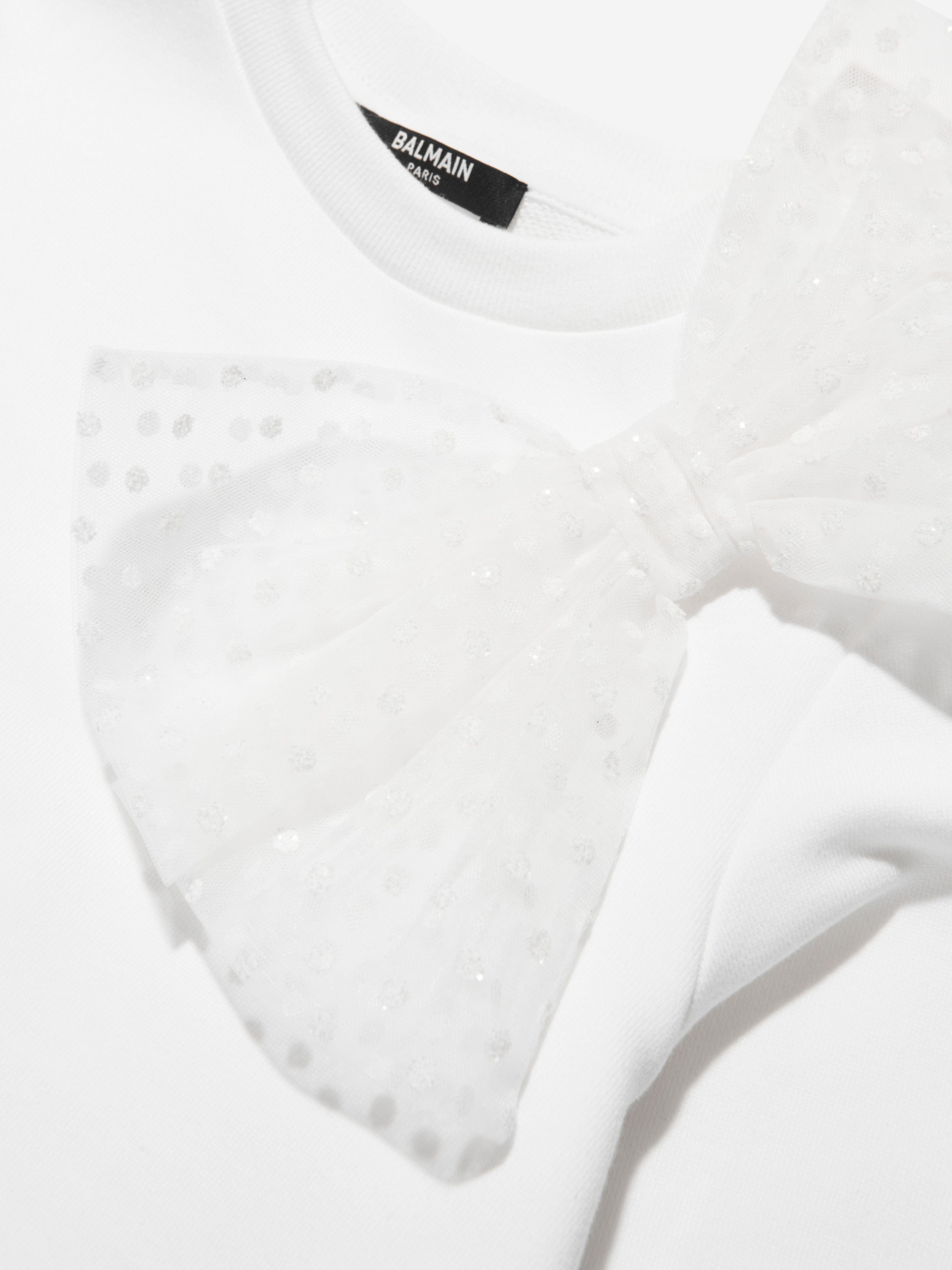 Balmain Girls White Bow Sweatshirt - Trendy Casual Pullover for School, Playdates & Everyday Wear