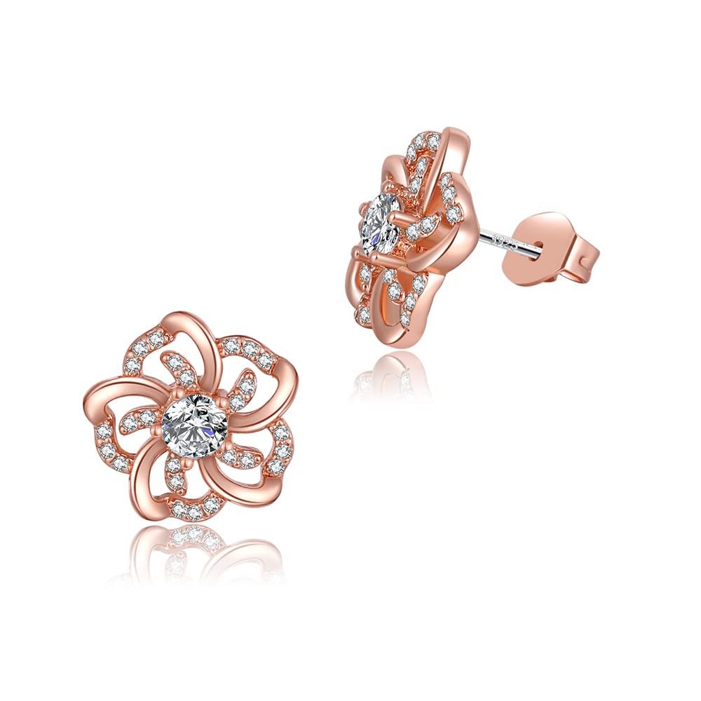 YOMIBOOM 925 Sterling Silver Rose Sky Round Flower Cubic Zirconia Stud Earrings for Women - 14K Gold Plated Hypoallergenic Nickel Free Jewelry Gift - Perfect for Weddings, Parties & Everyday Wear