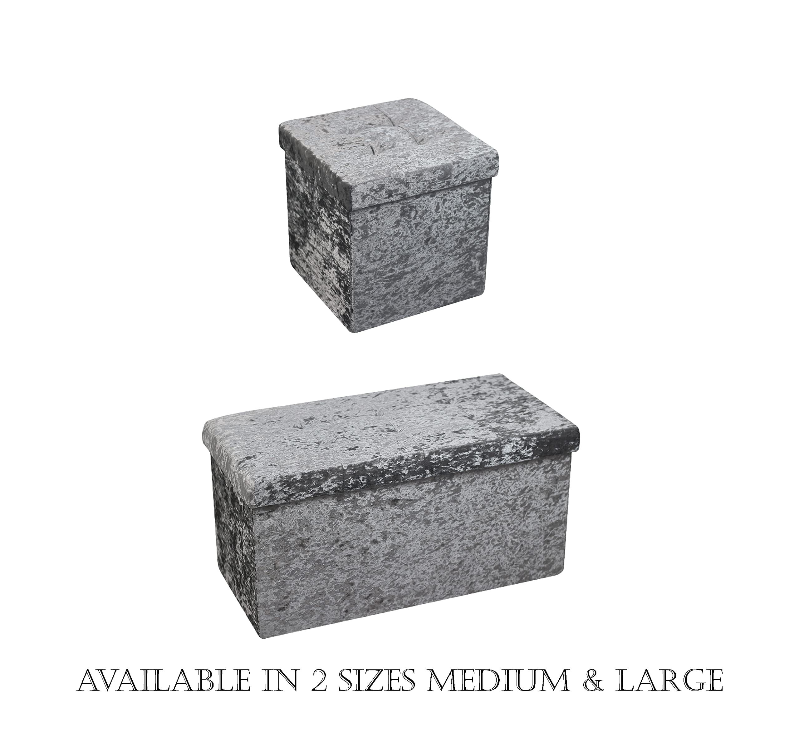 HomeHarmony® Crushed Velvet Quilted Storage Ottoman - Foldable Footrest Stool with Removable Top, Multi-Purpose Toy & Blanket Storage Box (Medium Silver) - Perfect for Living Room, Bedroom & Nursery Organization