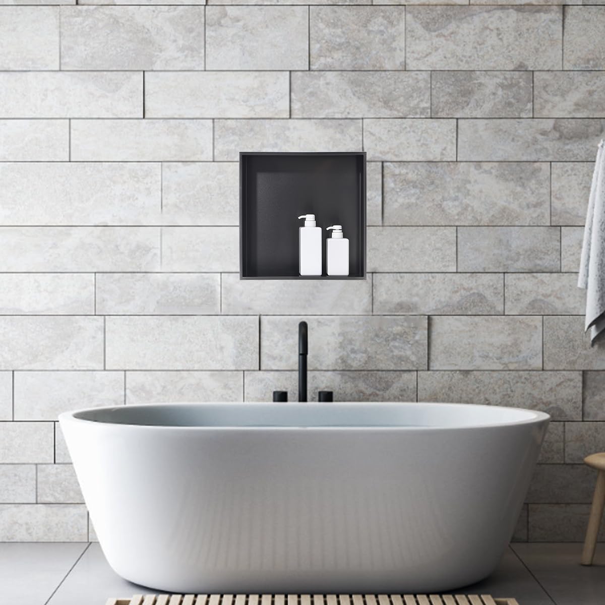 Luckyhorse 16x16 Inch Black Stainless Steel Shower Niche - Waterproof Wall-Mounted Bathroom Recessed Shelf for Shampoo, Soap & Towel Storage | Modern Rectangular Shower Organizer for Showers, Bathtubs & Spa Areas | Rustproof & Easy to Clean Bathroom Storage Solution