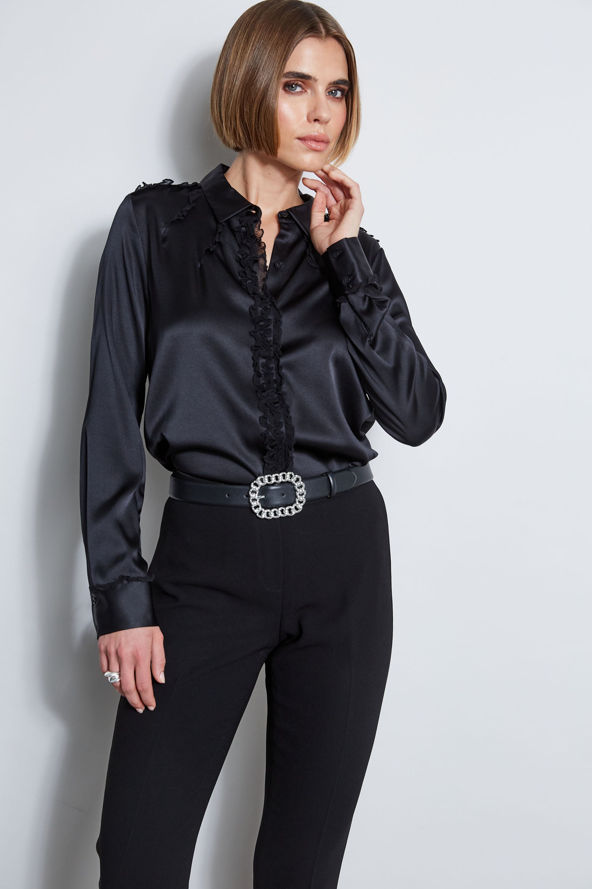 Elegant Chiffon Ruffle Silk Satin Blouse for Women - Office Wear & Evening Party Outfit