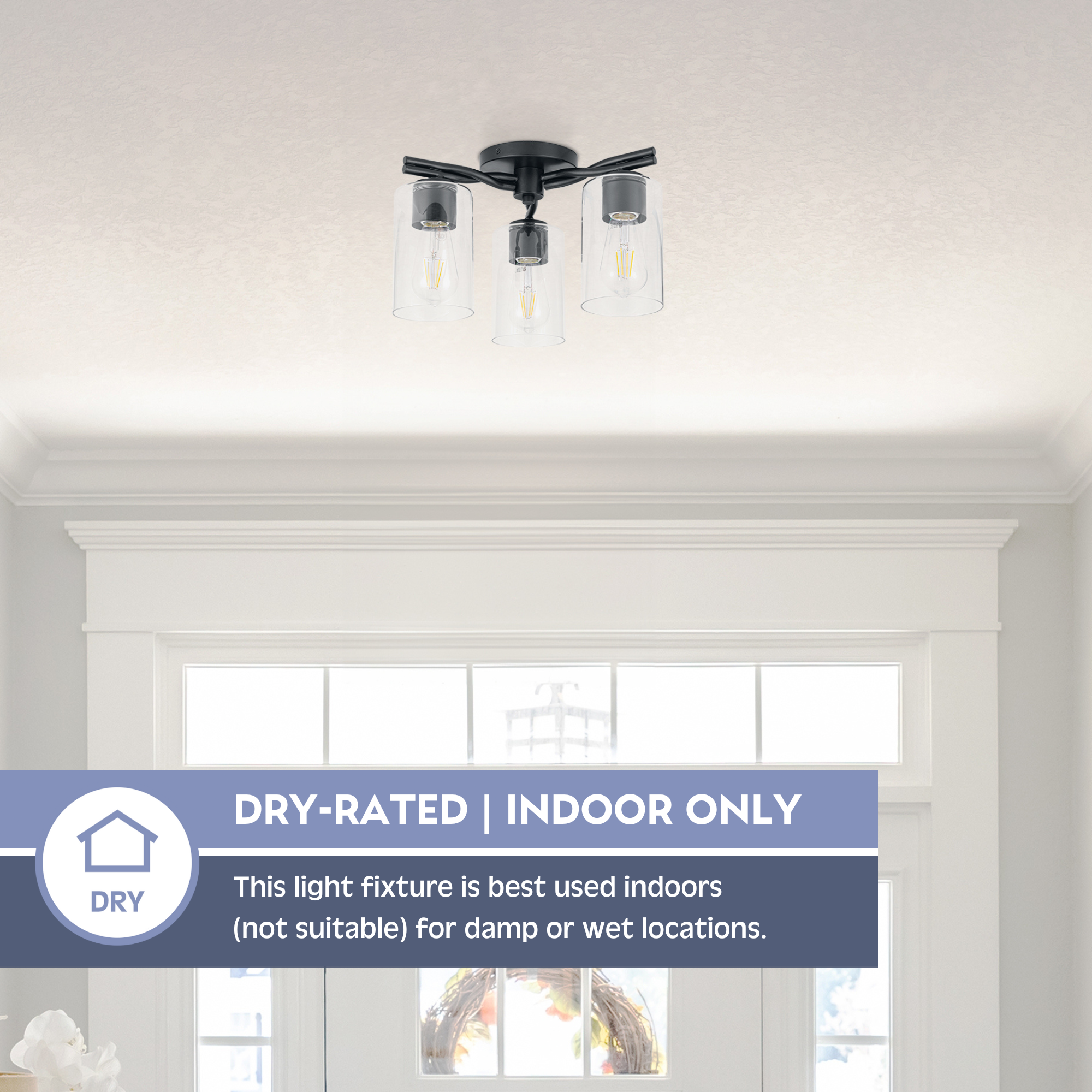 3-Light Semi Flush Mount Ceiling Light Fixture - Matte Black with Clear Glass Shades - Perfect for Bedroom, Living Room, Kitchen, and Hallway Lighting