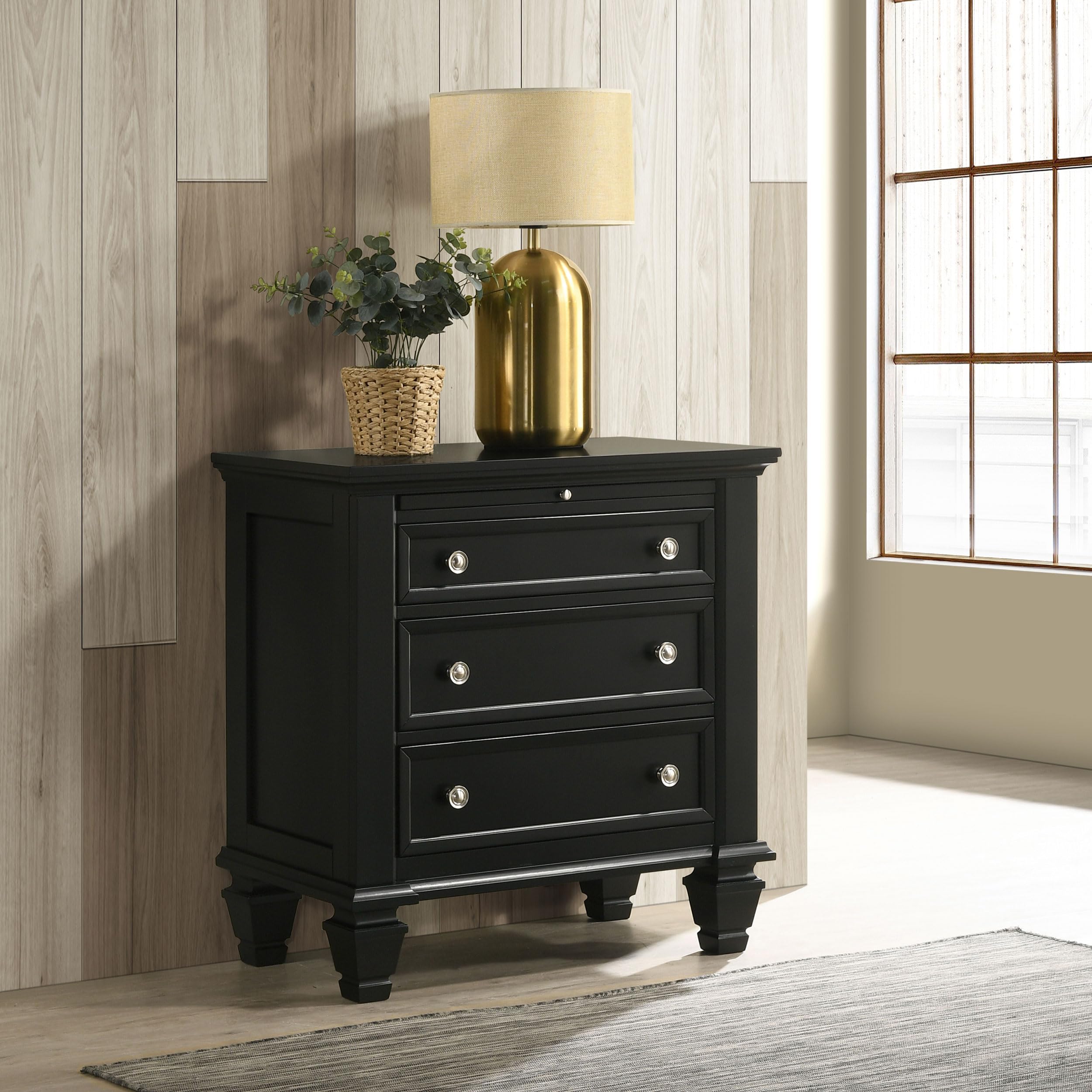 Coastal Wood 3-Drawer Nightstand - Sandy Beach Style Bedside Table with Storage Organizer for Bedroom - Black (201322) | Perfect for Beach House Decor & Guest Room Furniture