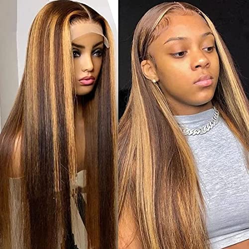 UNICE 10A Blonde Highlight Straight 13x4 Lace Front Wig - 150% Density Malaysian Human Hair with Baby Hair & Pre-Plucked Hairline | 16 Inch Ombre Frontal Wig for Black Women (TL412 Piano Color) | Perfect for Daily Wear, Parties, Cosplay & Special Occasions