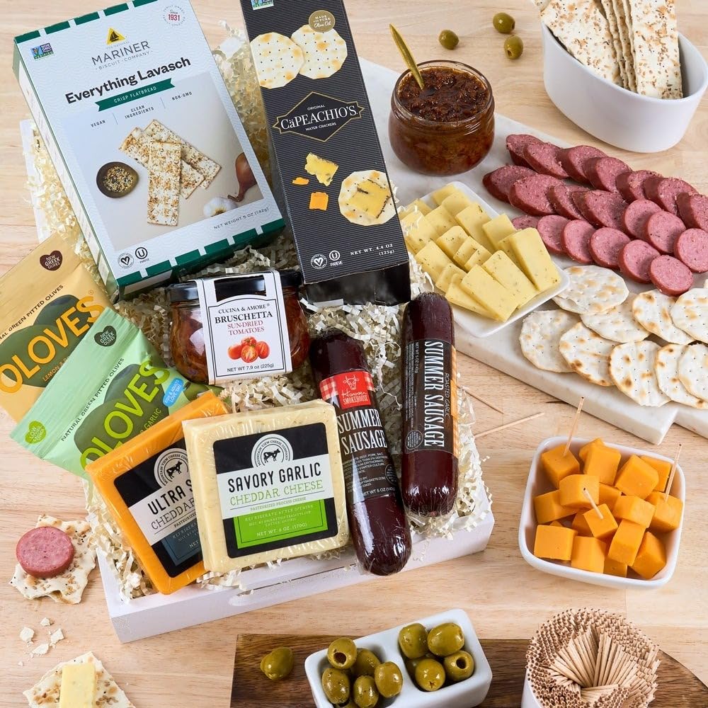 Gourmet Meat and Cheese Sampler Gift Basket - Premium Charcuterie Board with Assorted Cheeses, Cured Meats & Crackers | Perfect for Holidays, Housewarming, Corporate Gifts & Charcuterie Parties
