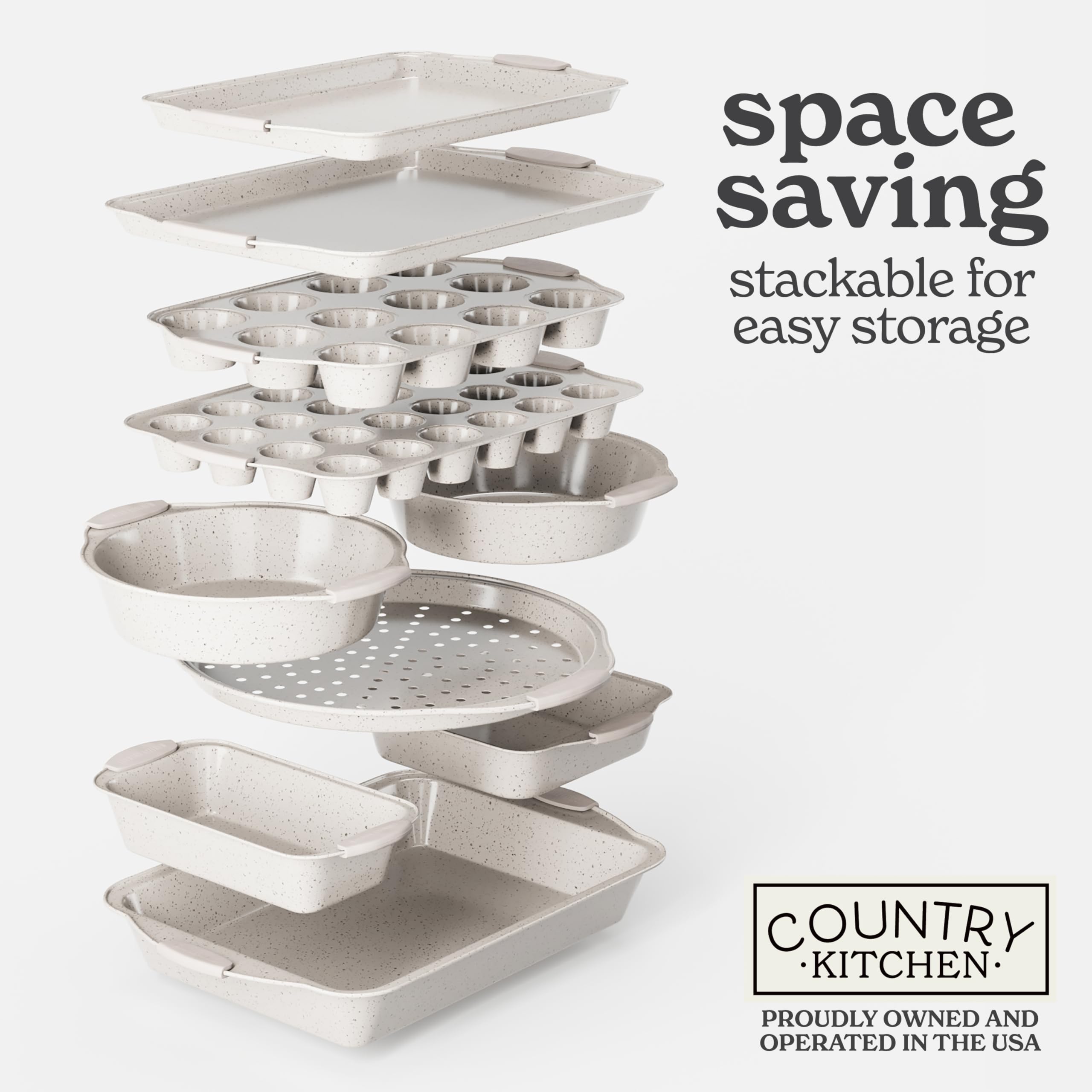 Nonstick Stackable Bakeware Set - 10-Piece Durable Country Kitchen Baking Pans with Easy Release, Cream Color - Perfect for Cakes, Cookies, Pies & Holiday Baking