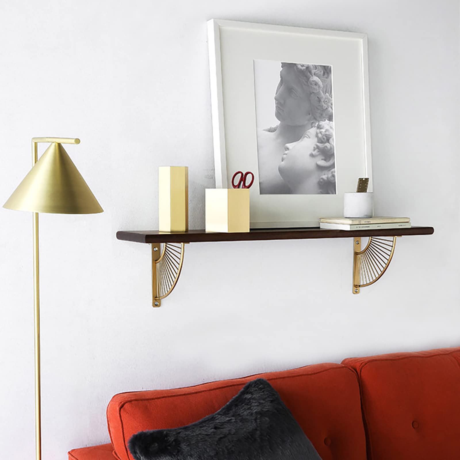 2Pcs Heavy Duty Metal Fan-Shaped Floating Shelf Brackets - Gold Wall Mounted Corner Braces for Right Angle Shelf Support (15cm/6in) - Perfect for Home Decor, Bookshelf Display & Bathroom Storage