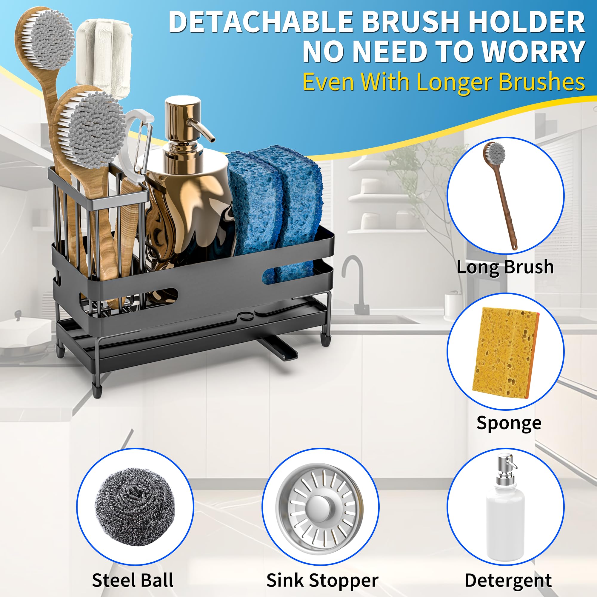 Stainless Steel Kitchen Sink Organizer with Sponge Holder, Brush Holder & Self-Draining Tray - Rustproof Sink Caddy for Sponges & Cleaning Tools - Perfect for Kitchen Organization & Sink Accessories (Black, Large) - Ideal for Keeping Sinks Clean & Organized While Preventing Rust & Water Stains